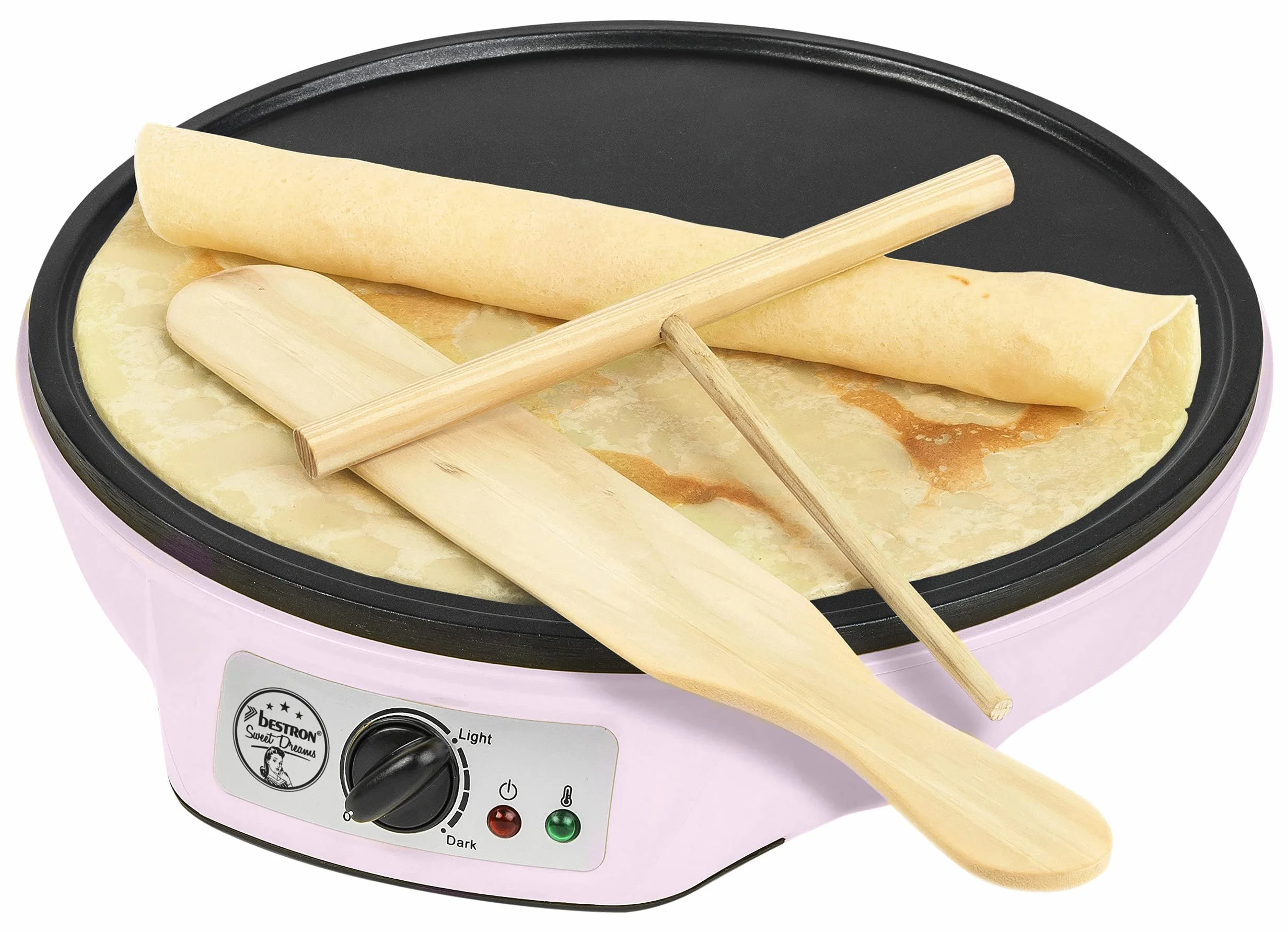 Bestron Crepes Maker, Urządzenie do robienia naleśników o średnicy 30 cm, w komplecie Rozdzielacz do ciasta i łopatka do przewracania naleśników, z powłoką nieprzywierającą, Kolor: Różowy