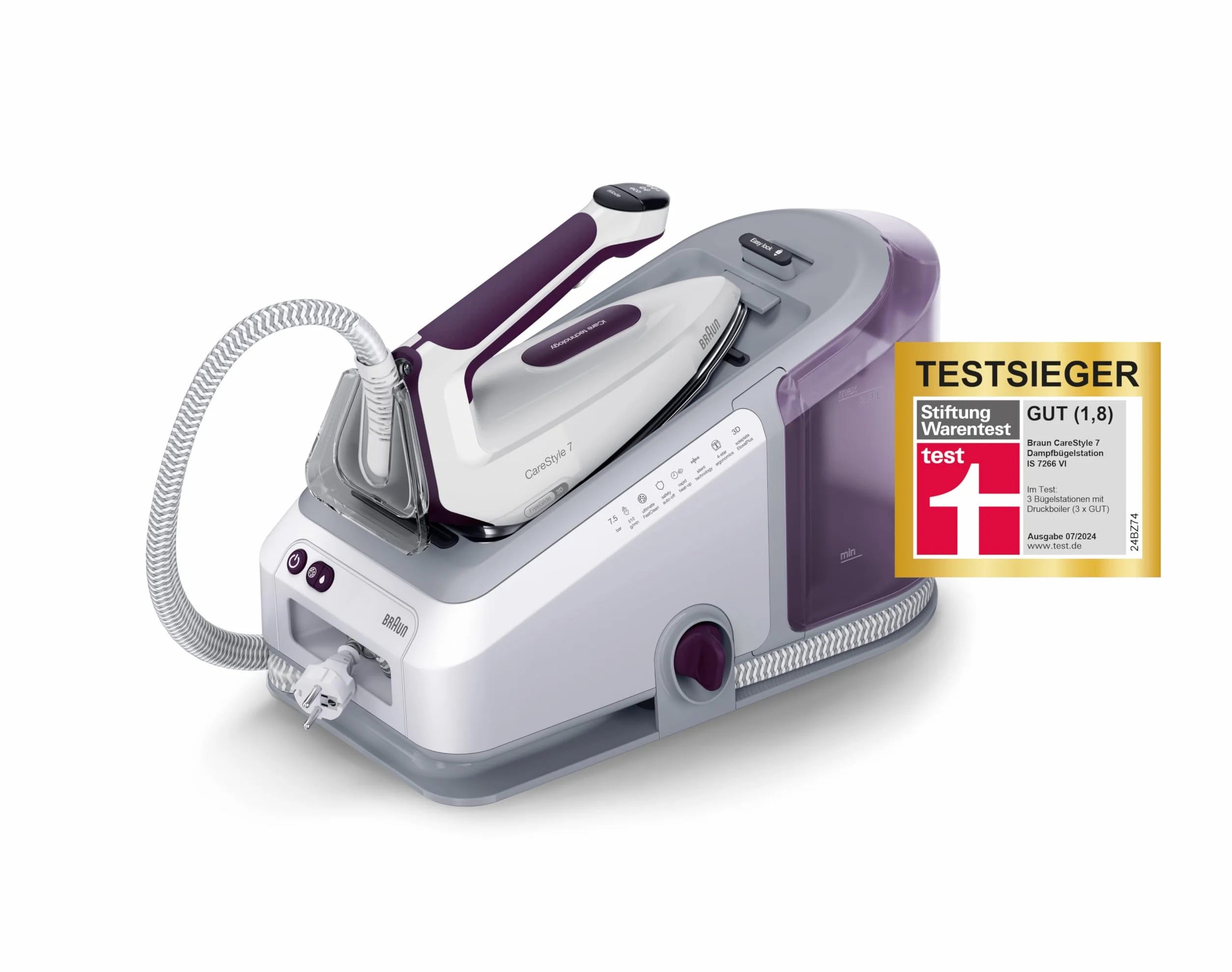 Braun CareStyle 7 Pro IS 7266 VI stacja parowa, FreeGlide 3D, funkcja iCare, iMode i pionowej pary, FastClean, uderzenie pary 550 g/min, zdejmowany zbiornik na wodę 2 l, 2700 W, biało-fioletowa