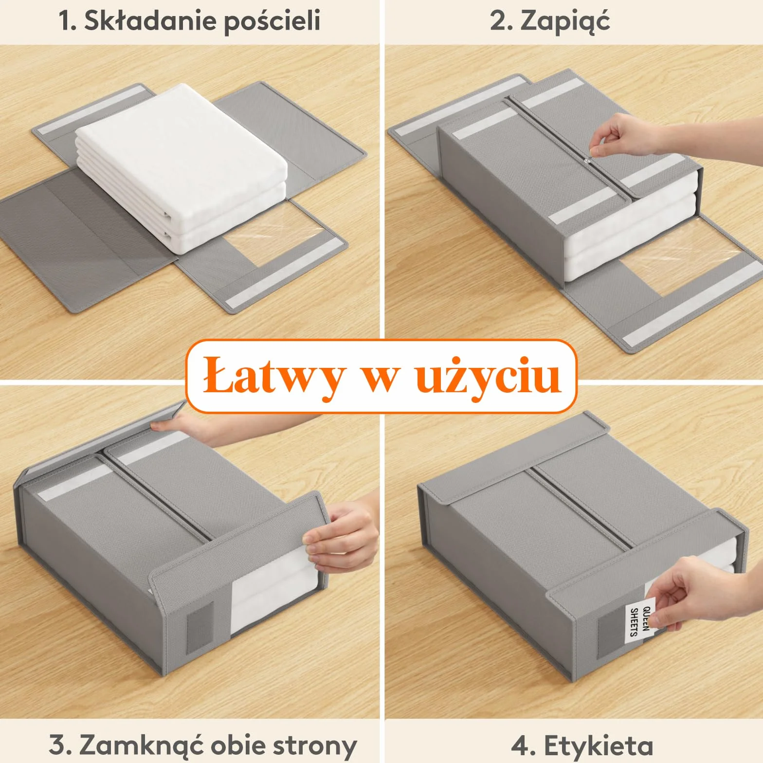 Lifewit 4-pakowy organizer na pościel, składane organizery na pościel z dużym przezroczystym oknem i etykietą, pudełko do przechowywania z pokrywkami, do zestawu na kołdrę