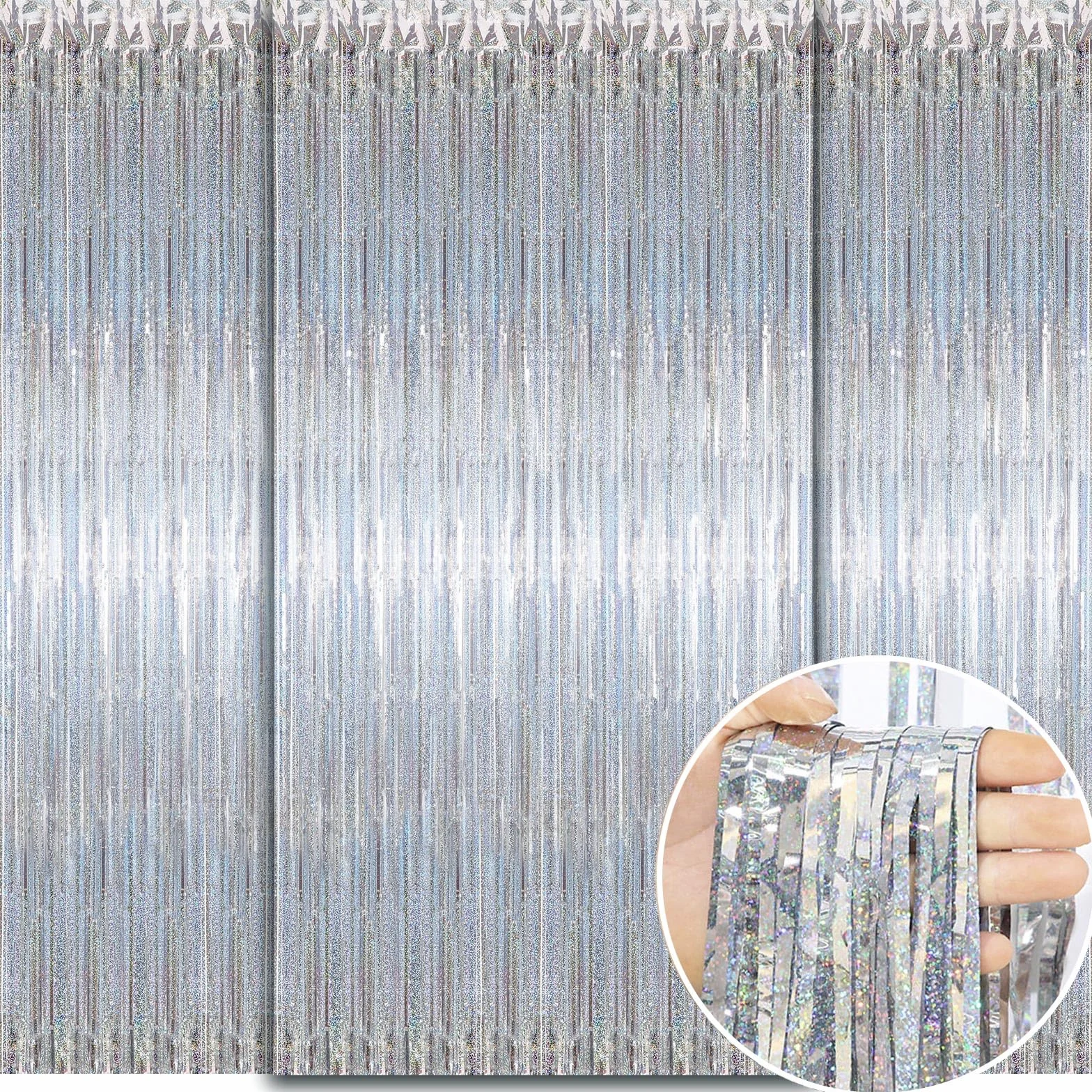 WD&CD Srebrne zasłony foliowe, 3 szt., 1 x 2 m, srebrne serpentyny, brokatowe frędzle, do dekoracji imprezowych