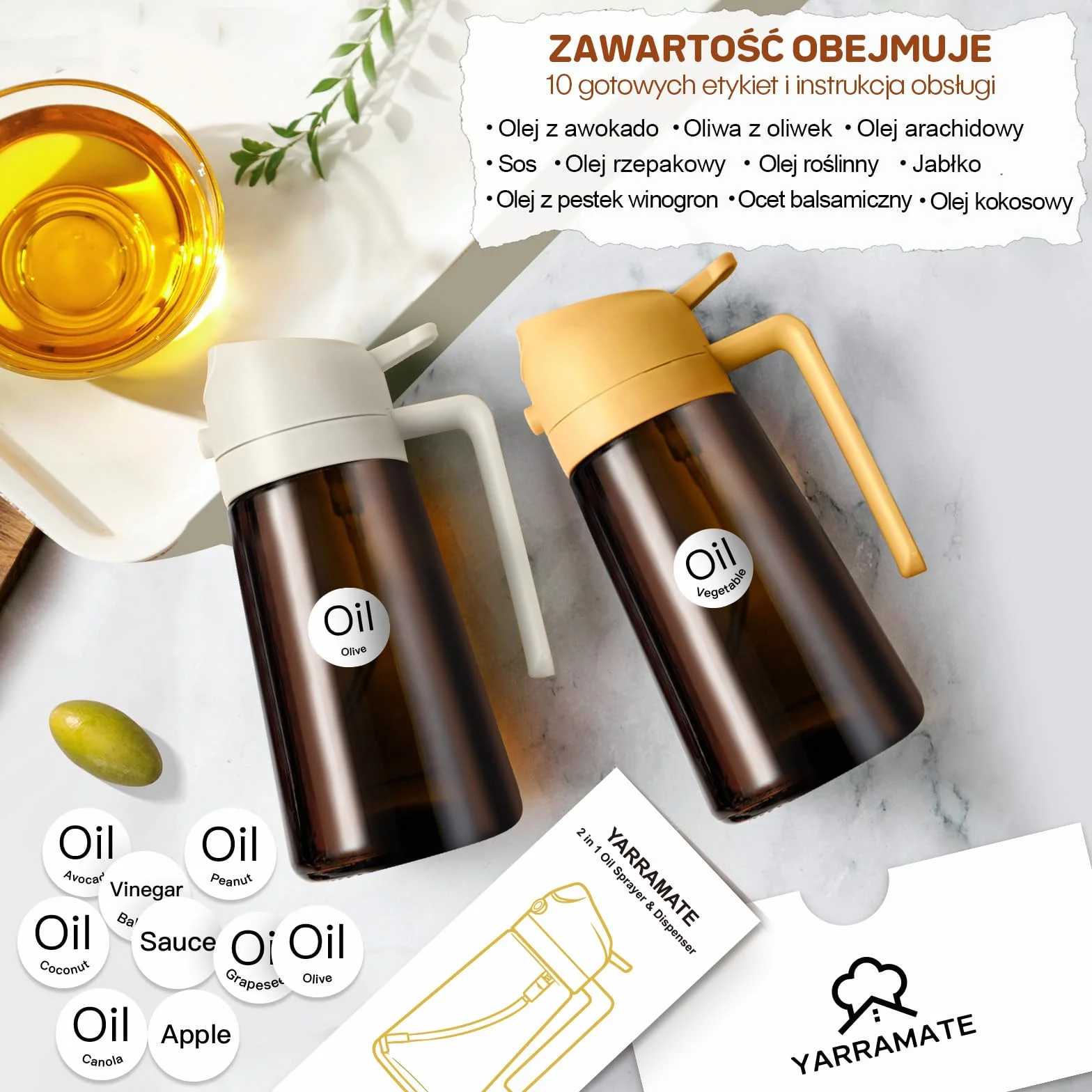 YARRAMATE blokujący światło rozpylacz ciemnego oleju do gotowania, 2 w 1 spryskiwacz do oleju do gotowania, 470 ml szklana butelka na olej, dozownik oleju i do kuchni smażenia BBQ (biały)