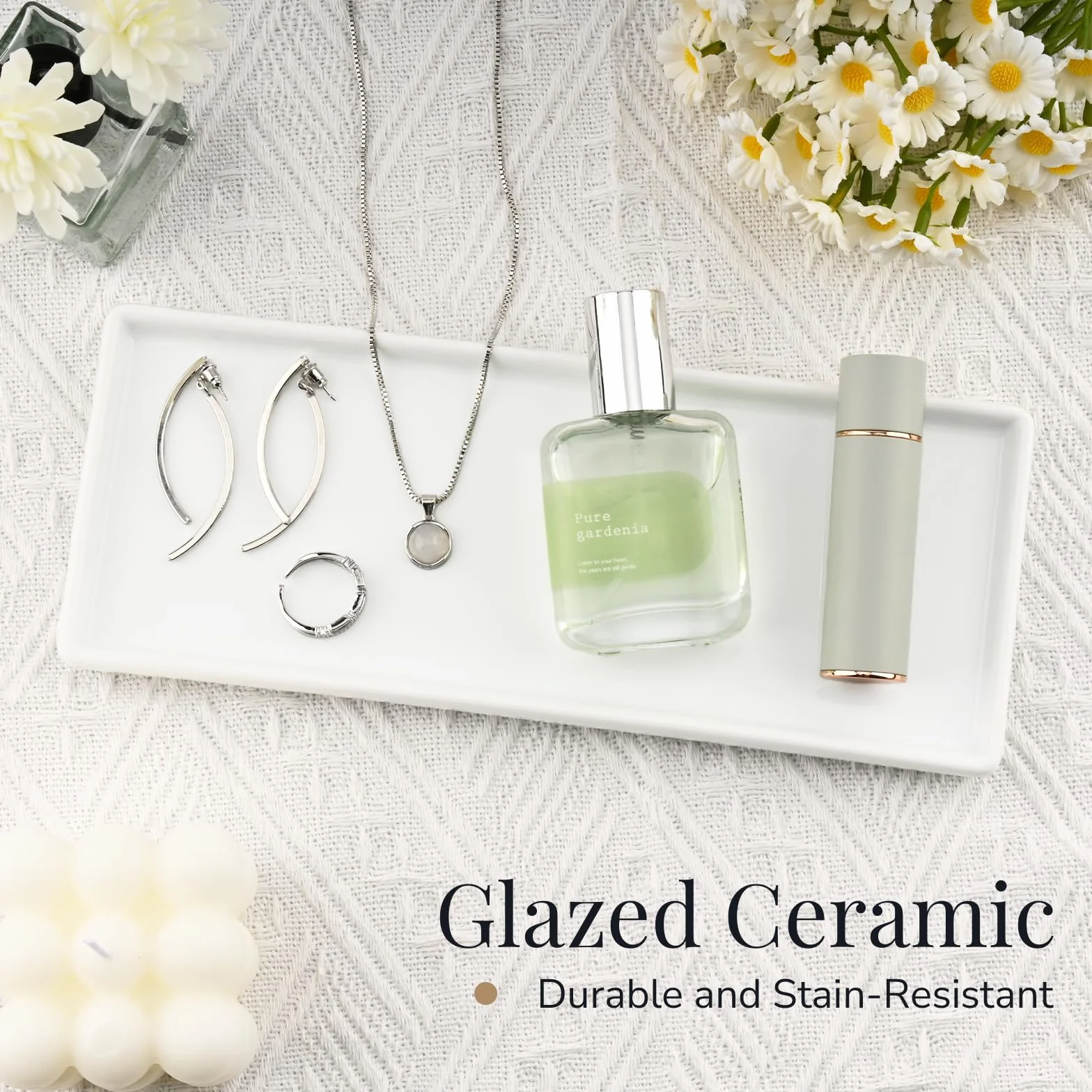 Ceramiczna Taca Łazienkowa, Biała Taca Na Ubranka, Taca Na Perfumy Do Komody, Dekoracyjna Taca Na Bibeloty, Prostokątna Taca Na Kosmetyki, Mydło, Świecę, Kuchenna (L)