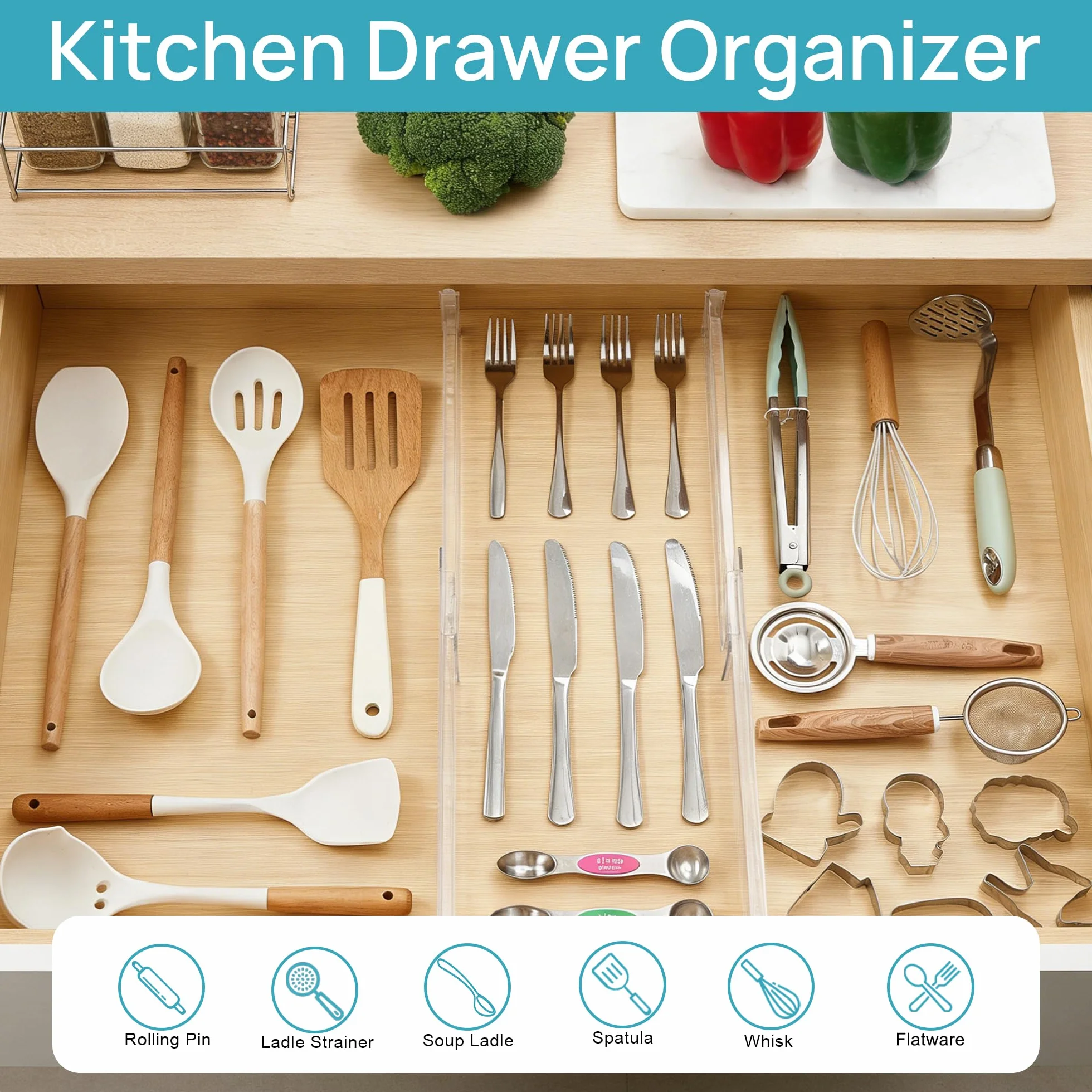 Vtopmart 8 sztuk regulowany rozszerzalny organizer kuchenny do szuflad, przezroczyste plastikowe przegródki, 32-53 cm