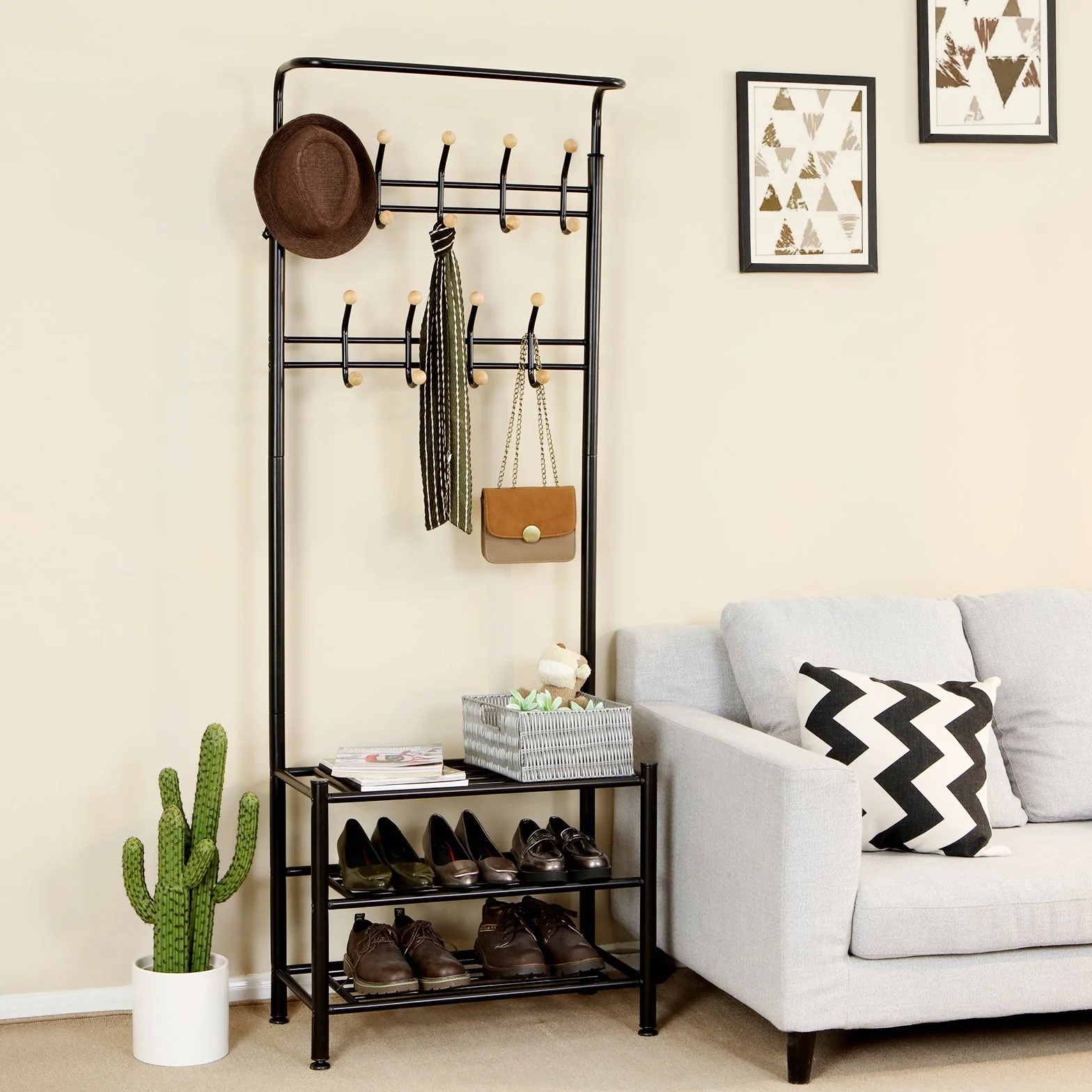 SONGMICS HSR04B wieszak na ubrania z 3 półkami na buty z 18 hakami, metalowy, czarny, 68,8 x 35,2 x 187 cm