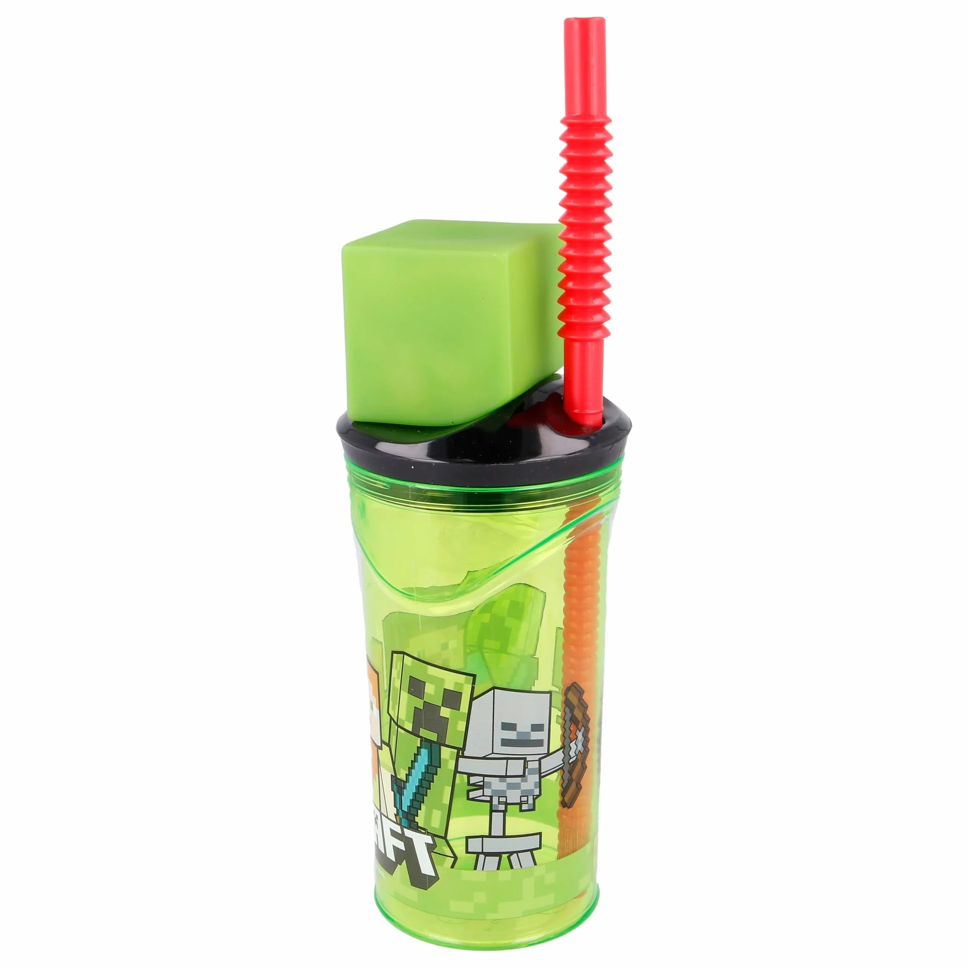 Stor Szklanka wielokrotnego użytku dla dzieci ze słomką i pokrywką z figurką 3D i pojemnością Minecraft 360 ml
