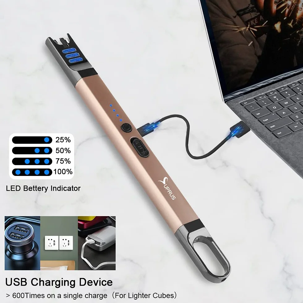 SUPRUS Zapalniczka do świec, elektryczna, z łukiem świetlnym, wiatroszczelna, bezpłomieniowa, do ponownego ładowania przez USB, z oświetleniem LED, na kemping, do grillowania, gotowania (złota)