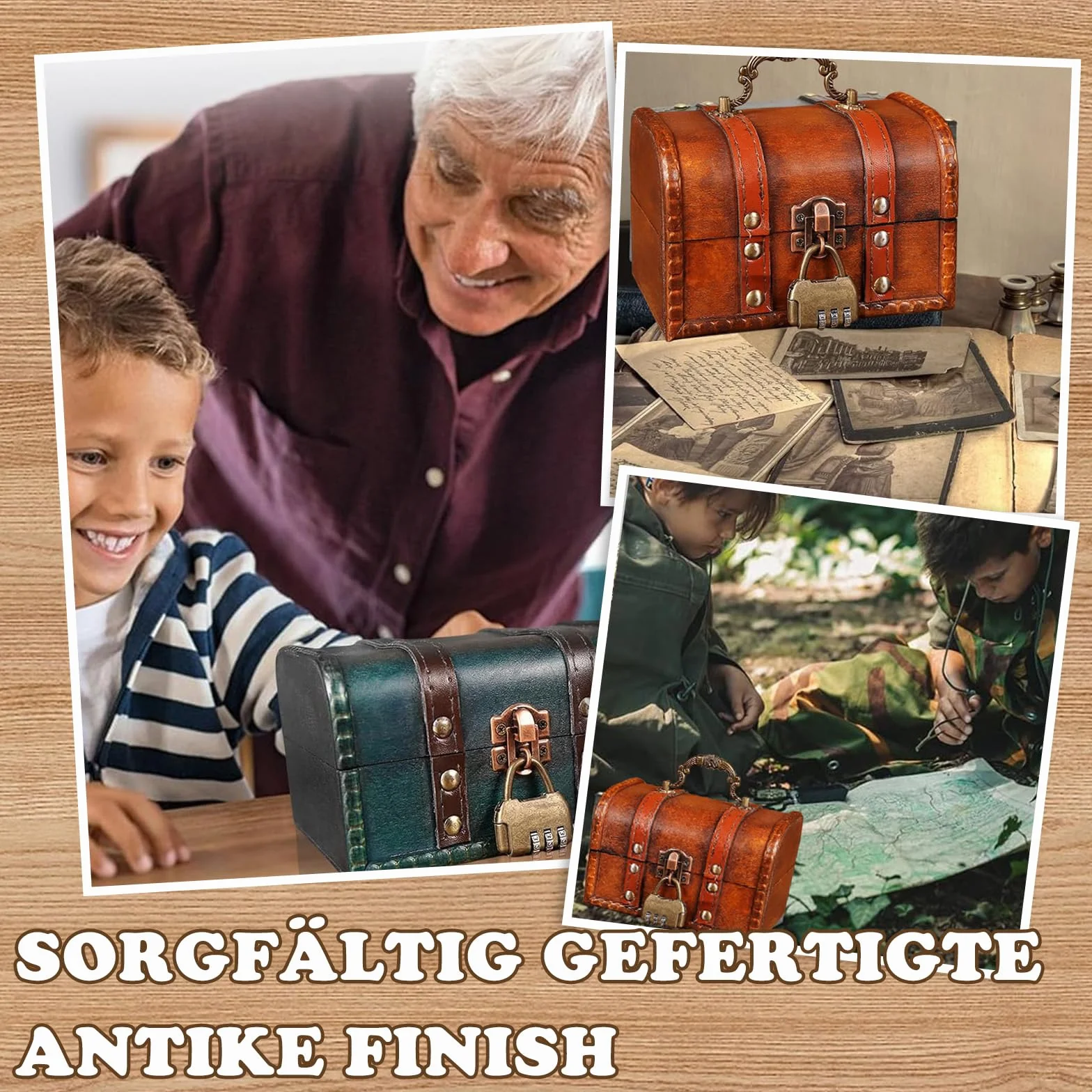Drewniana skrzynia na skarby vintage z zamkiem szyfrowym, brązowa
