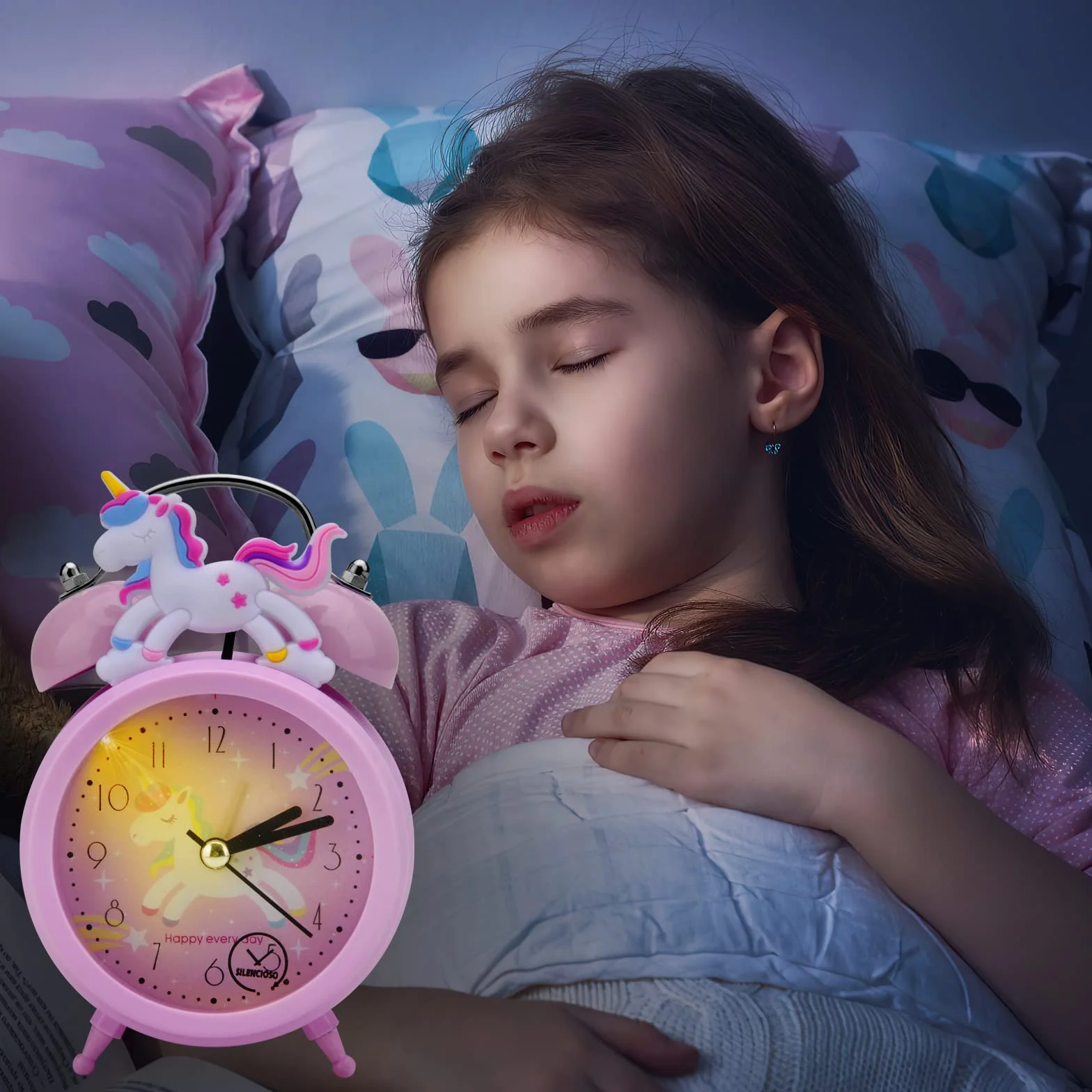 Budzik dziecięcy z jednorożcem, dla dziewcząt, nietykający, budzik dla dzieci, dziewczynki, cichy stolik nocny, klasyczny, głośny, podwójny zegar z podświetleniem tła (różowy)
