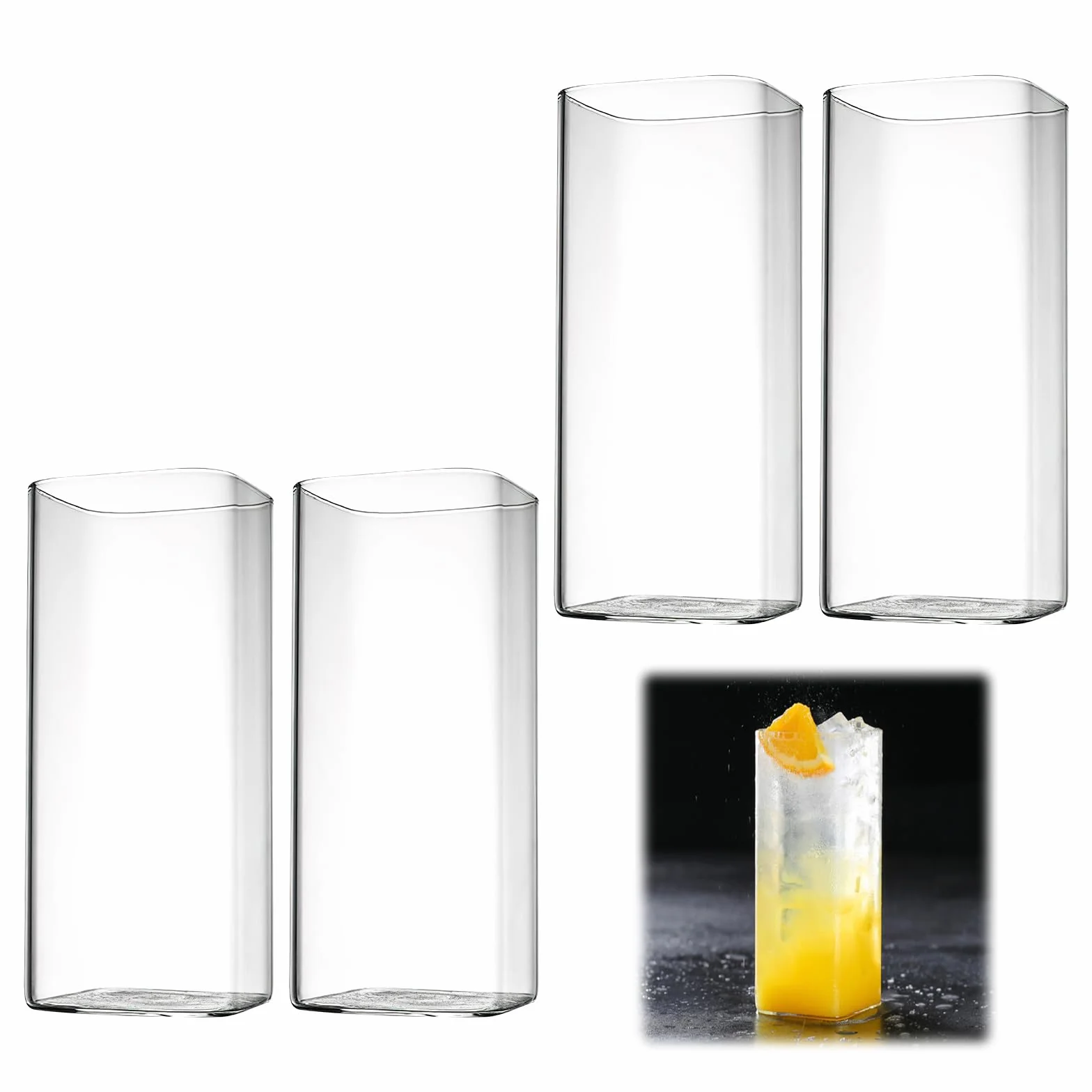 4 przezroczyste szklanki do napojów 400 ml, cienkie kwadratowe szklanki do longdrinków, eleganckie szklanki barowe na wodę, sok, piwo, napoje, koktajle, drinki, imprezę, nowoczesne wzornictwo