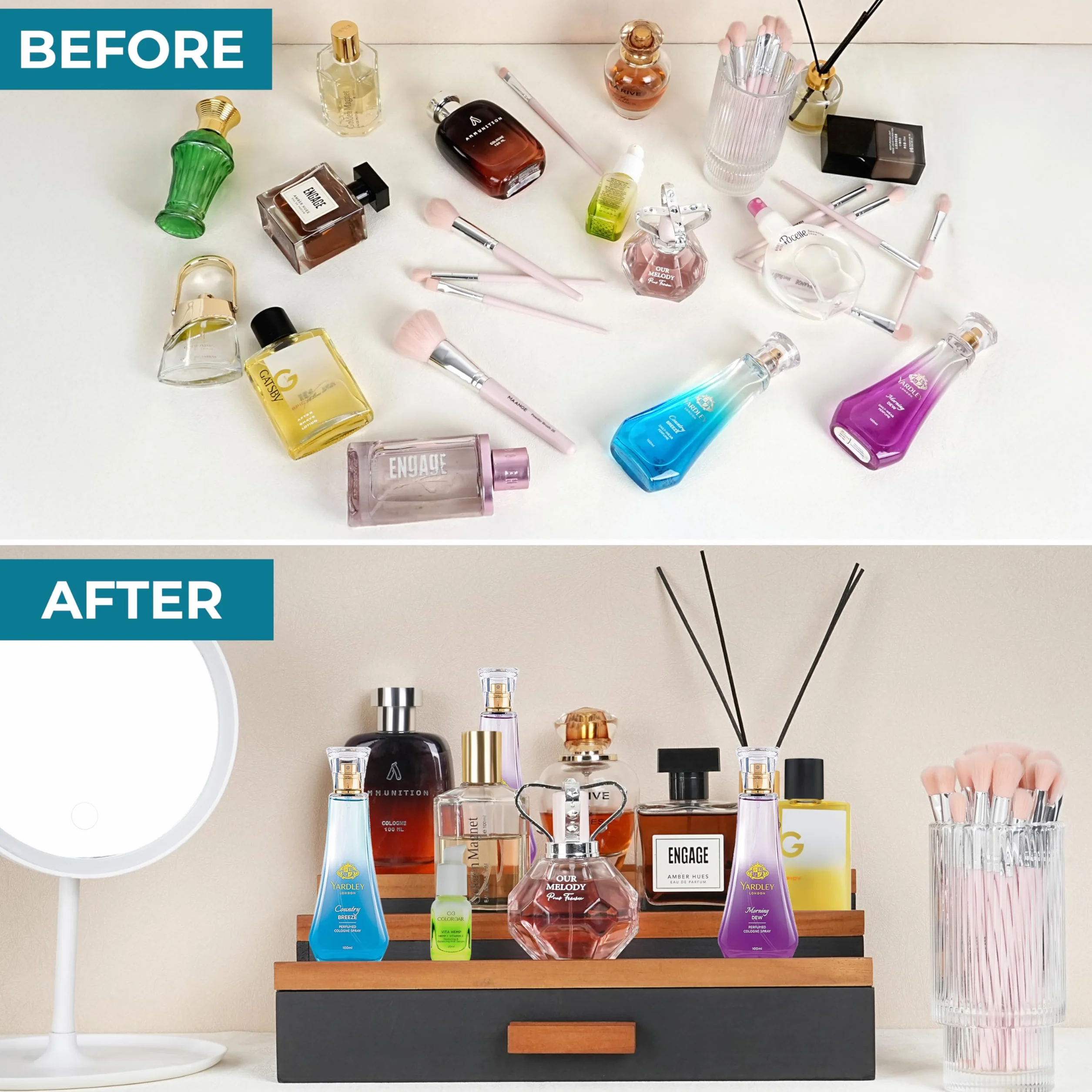 Winter Shore Drewniana półka ekspozycyjna z szufladą stojak na perfumy 3-poziomowy organizer