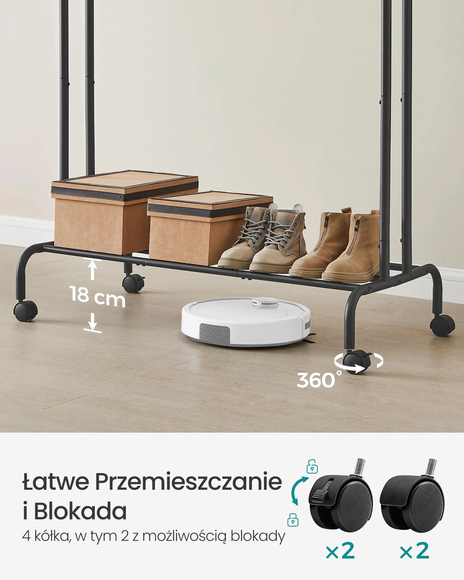 SONGMICS Wieszak na ubrania na kółkach, 2 drążki na ubrania, drążek garderobiany z rur stalowych, obciążenie do 100 kg, szerokość 103,5 cm, wielofunkcyjne przechowywanie, czarny HSR107B01