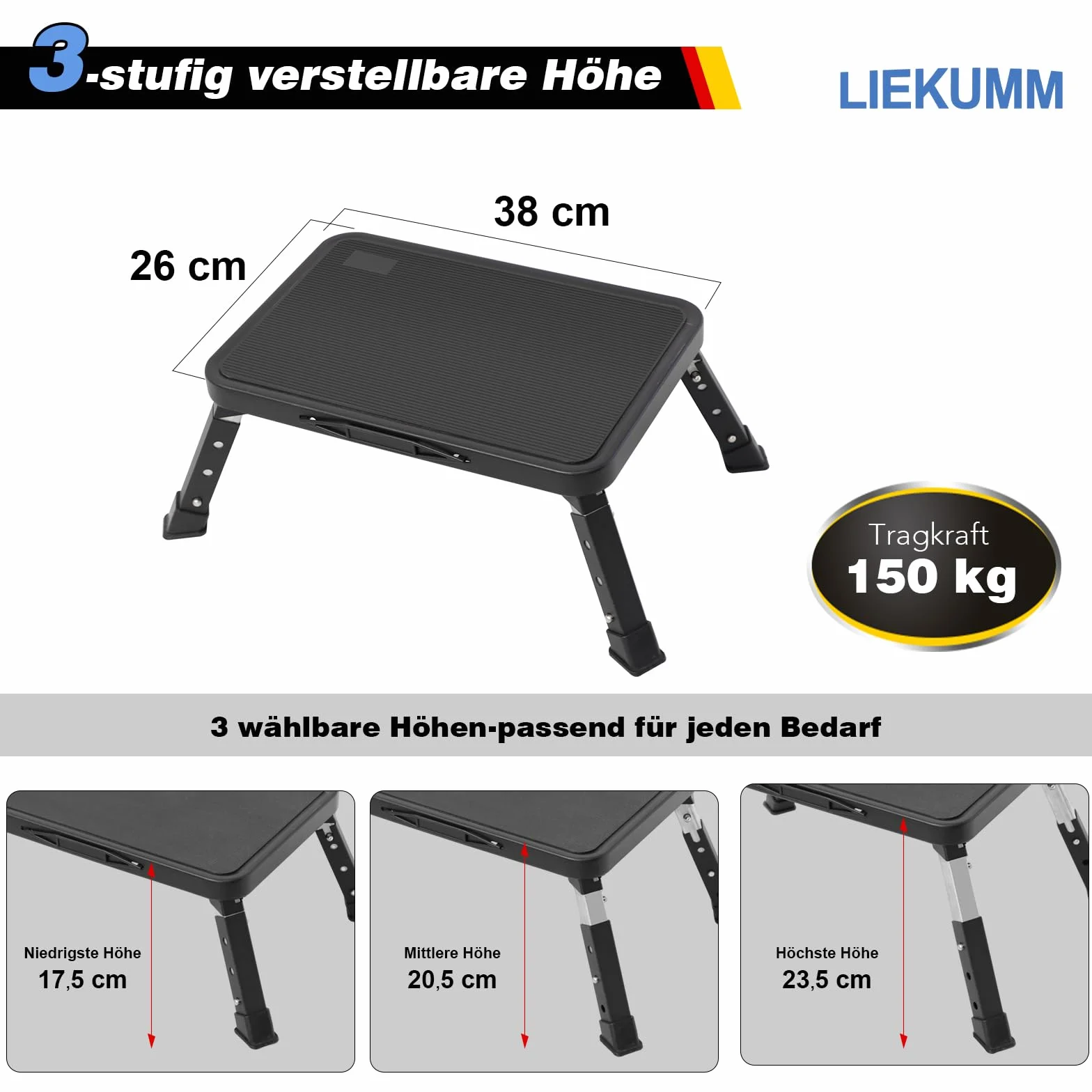 LIEKUMM 3-stopniowy składany stołek, nośność 150 kg, z regulacją wysokości, lekki stopień ze stali do kuchni i domu, z antypoślizgową platformą i gumowymi nóżkami, czarny