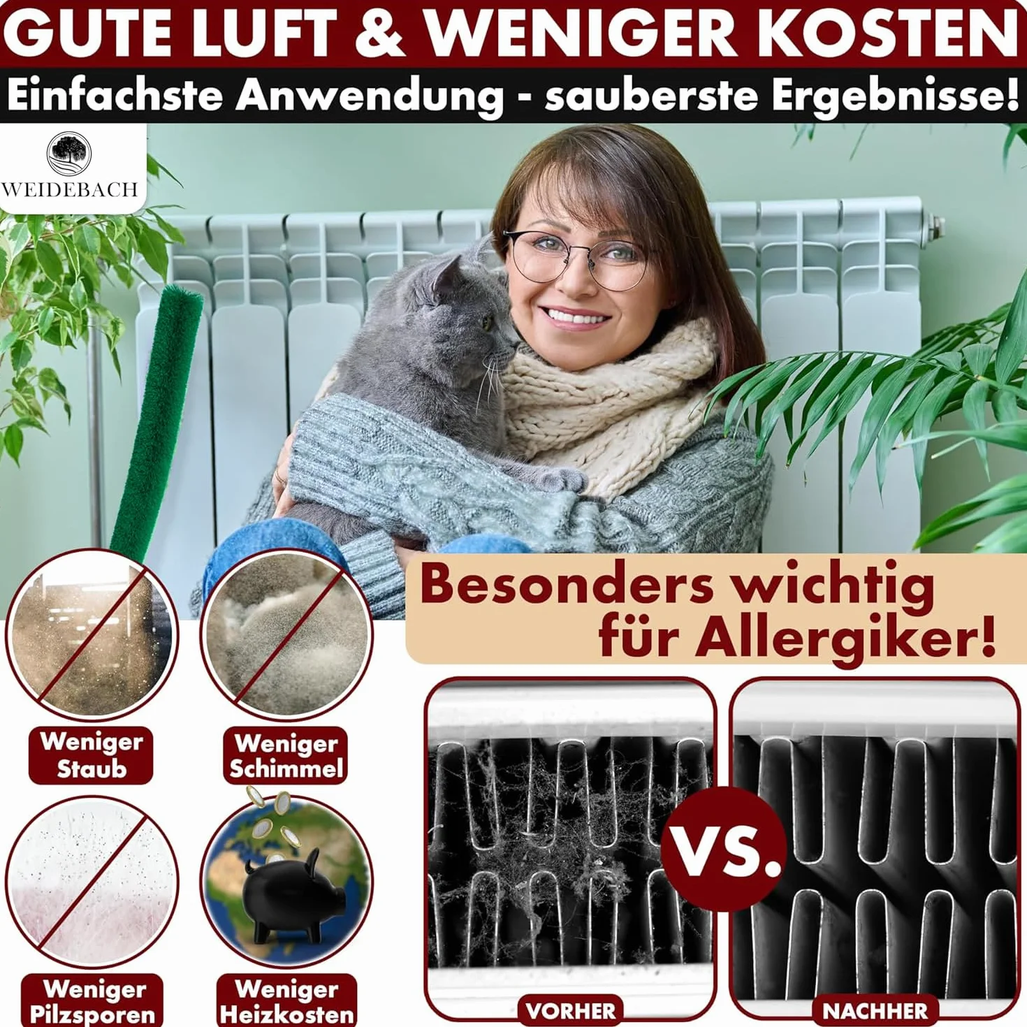 WEIDEBACH® Szczotka do grzejników, V.3.0, 90 cm łączna długość / 40 cm szczecinki z mikrofibry, szczotka do czyszczenia grzejników odporna na sierść zwierząt, szczotka do grzejników pasuje do każdego