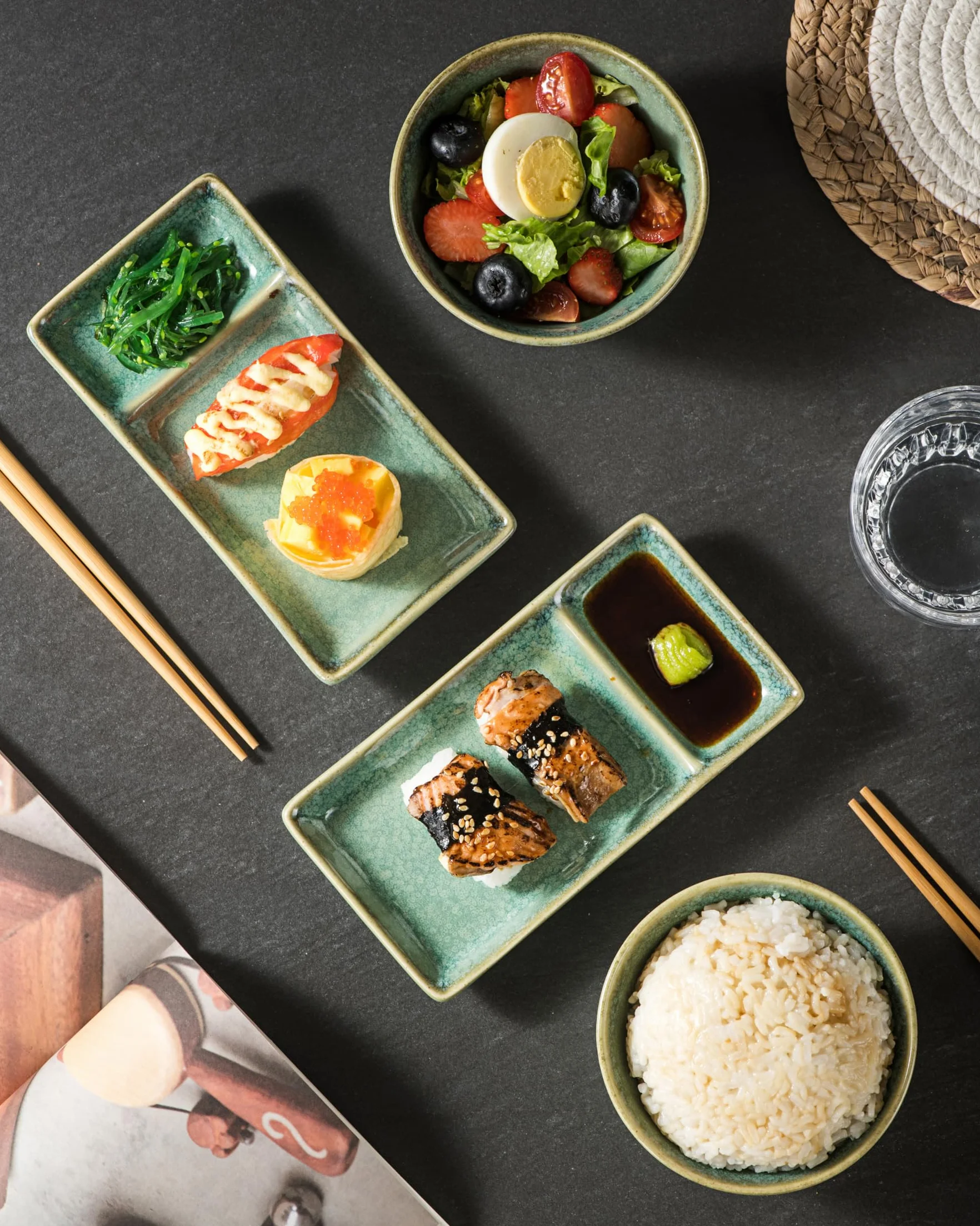 HENXFEN LEAD Zestaw naczyń do sushi, japońskie naczynia do zupy Miso, Maki, sushi ryż z 2 talerzami, miseczkami, pałeczkami, błyszcząco-zielony