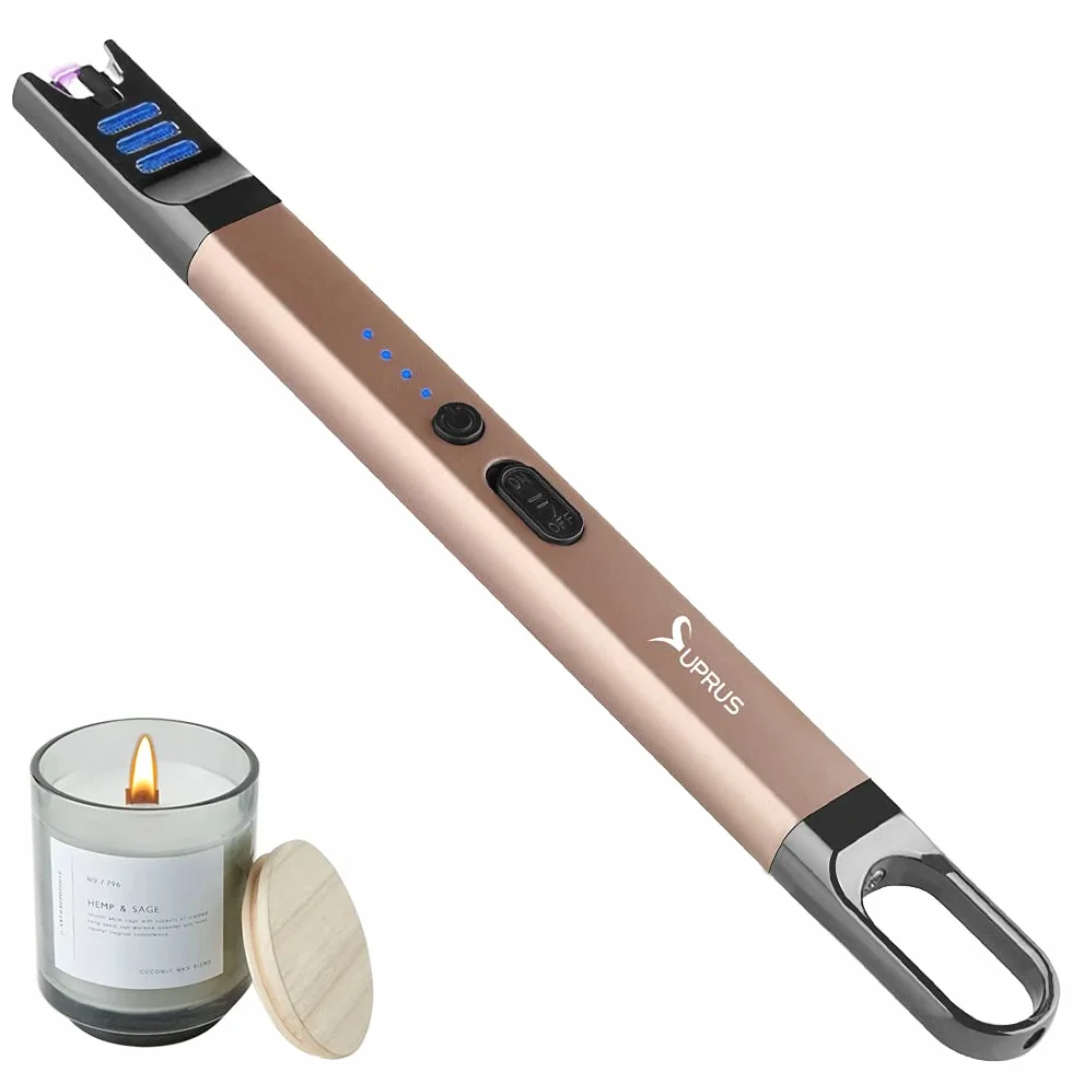 SUPRUS Zapalniczka do świec, elektryczna, z łukiem świetlnym, wiatroszczelna, bezpłomieniowa, do ponownego ładowania przez USB, z oświetleniem LED, na kemping, do grillowania, gotowania (złota)