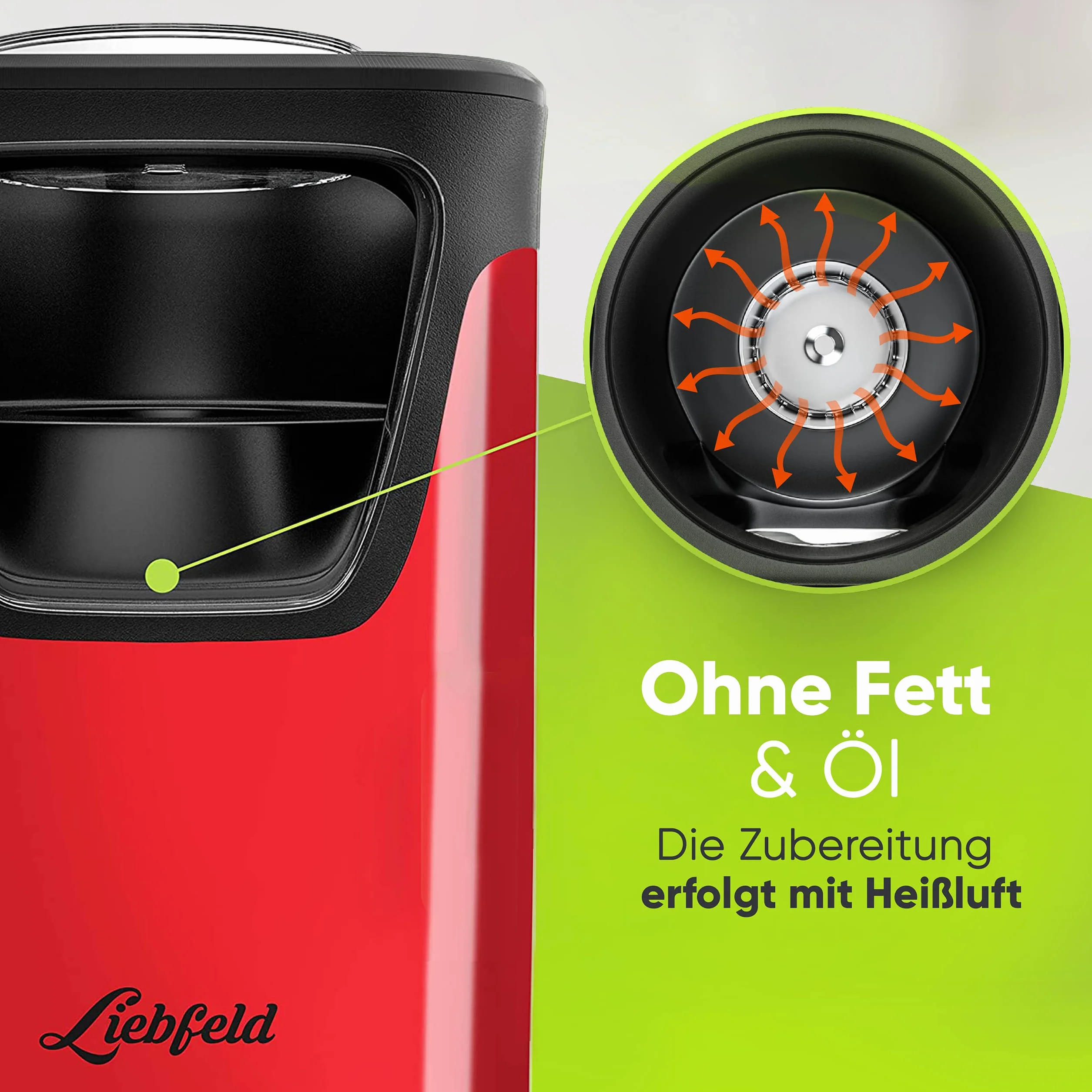 Liebfeld Maszyna do popcornu – urządzenie do robienia popcornu na gorące powietrze, bez tłuszczu i oleju, gadżet kuchenny w stylu retro do popcornu z cukrem, solą – Cooler Snack Automat (czerwony)