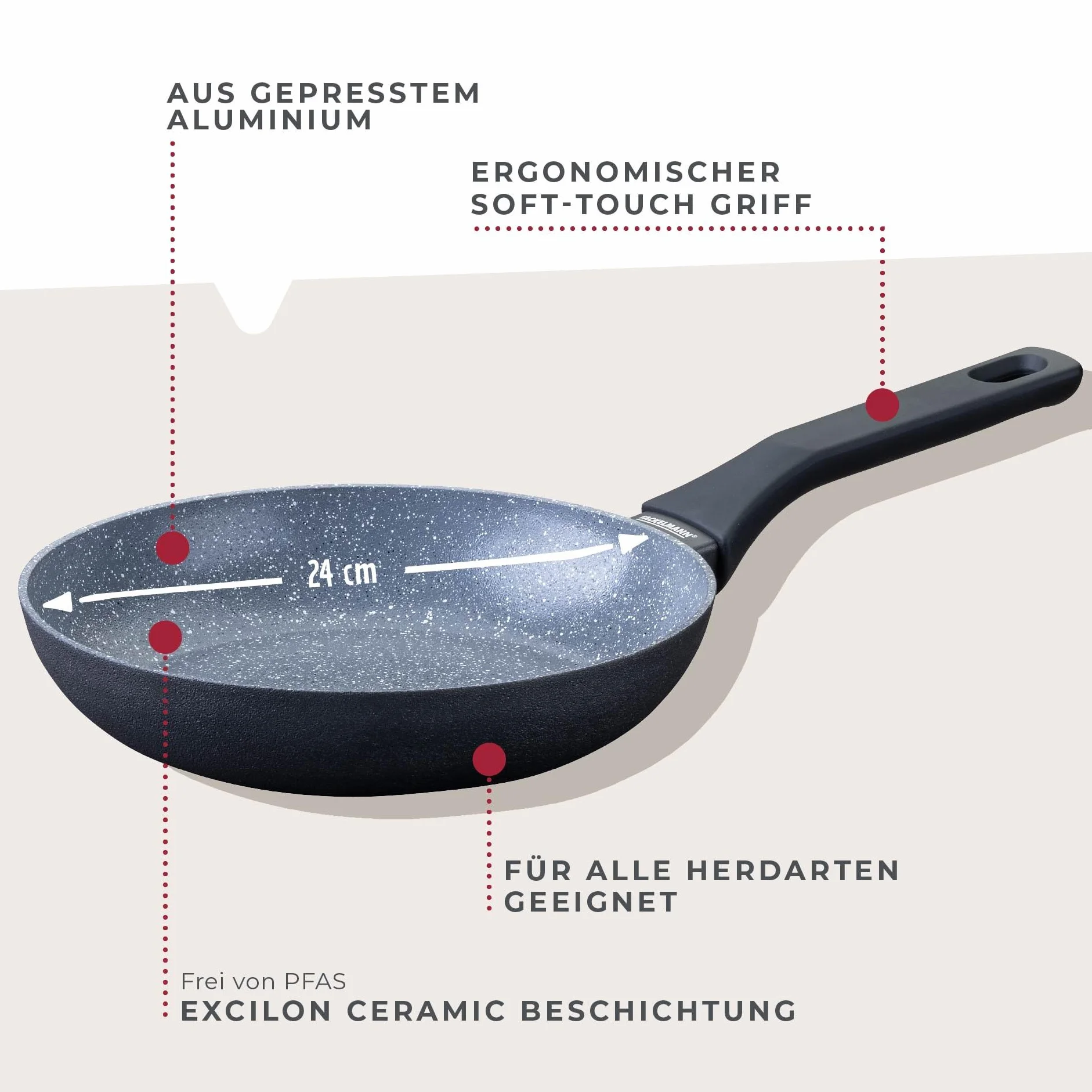 Fackelmann Patelnia Cosmo 24 cm z tłoczonego aluminium, powłoka ceramiczna, uchwyt Soft-Touch