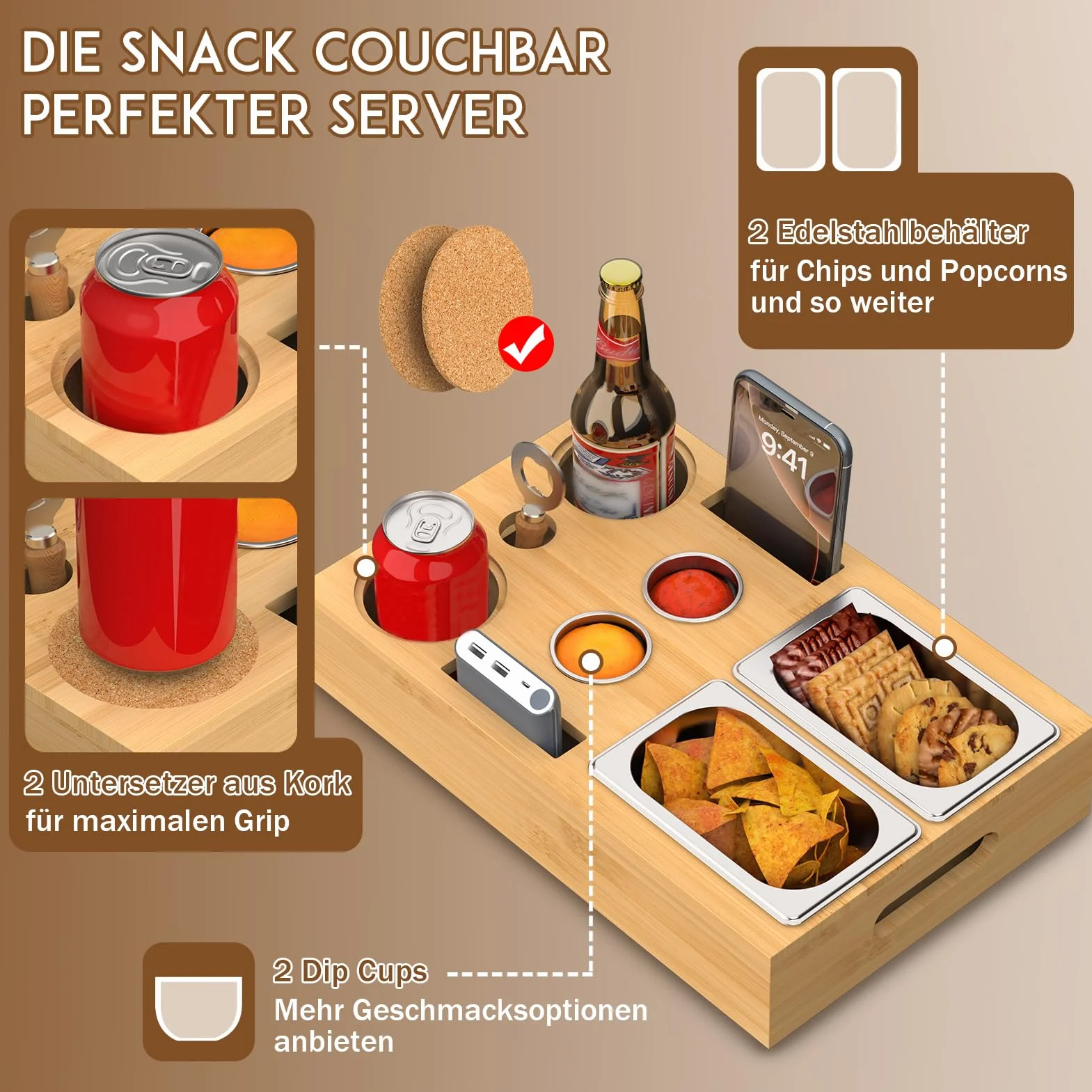 Yeabett Couchbar Snackbox z miseczkami ze stali nierdzewnej, odpinanym magnetycznym wieczkiem, wielofunkcyjna tacka na przekąski