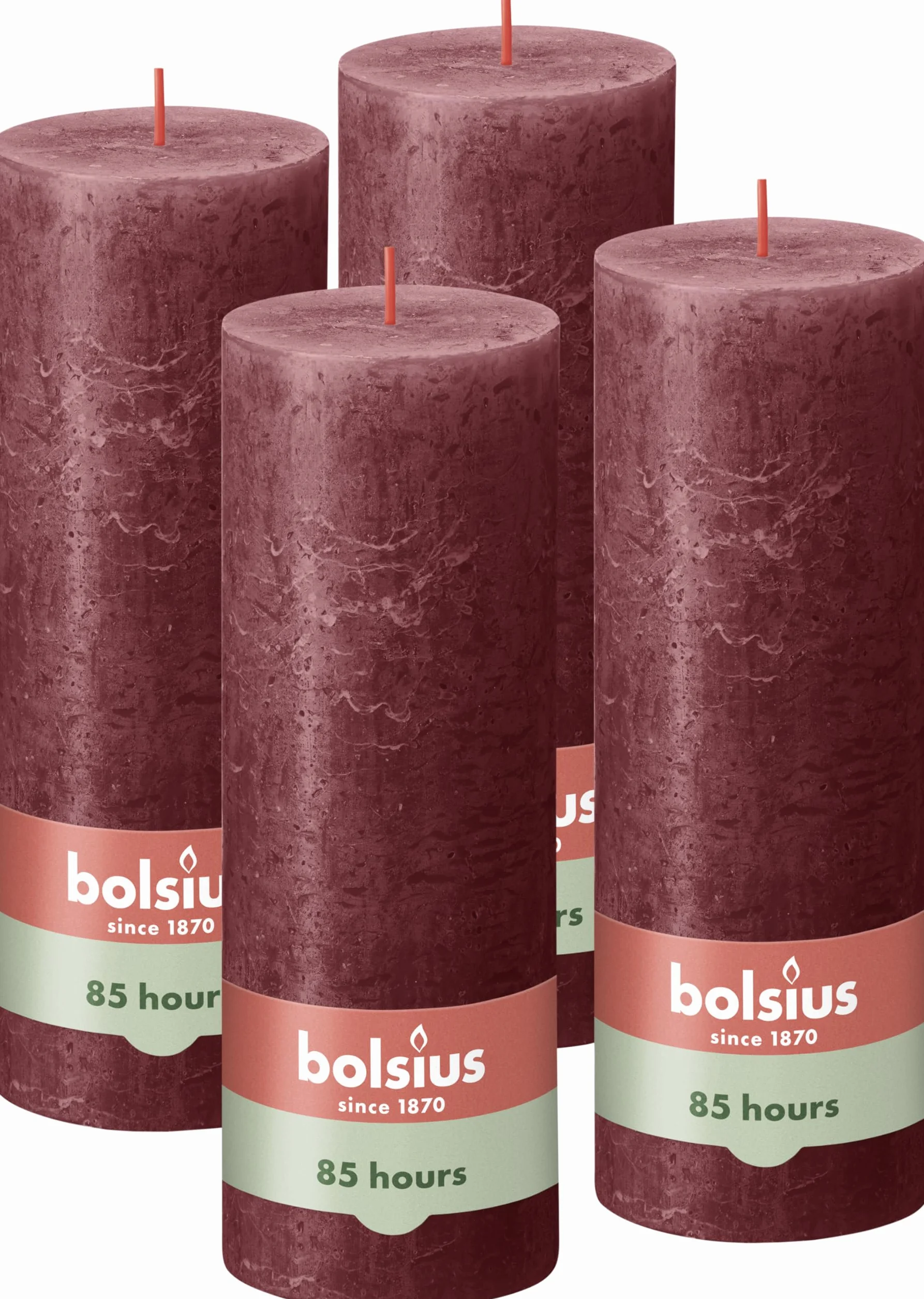 Bolsius Rustykalna świeca filarowa, ciemnoczerwona, 4 sztuki, długi czas palenia 85 godzin, świeca domowa, dekoracja wnętrz, bezzapachowa, naturalny wegański wosk, bez oleju palmowego, 19 x 7 cm