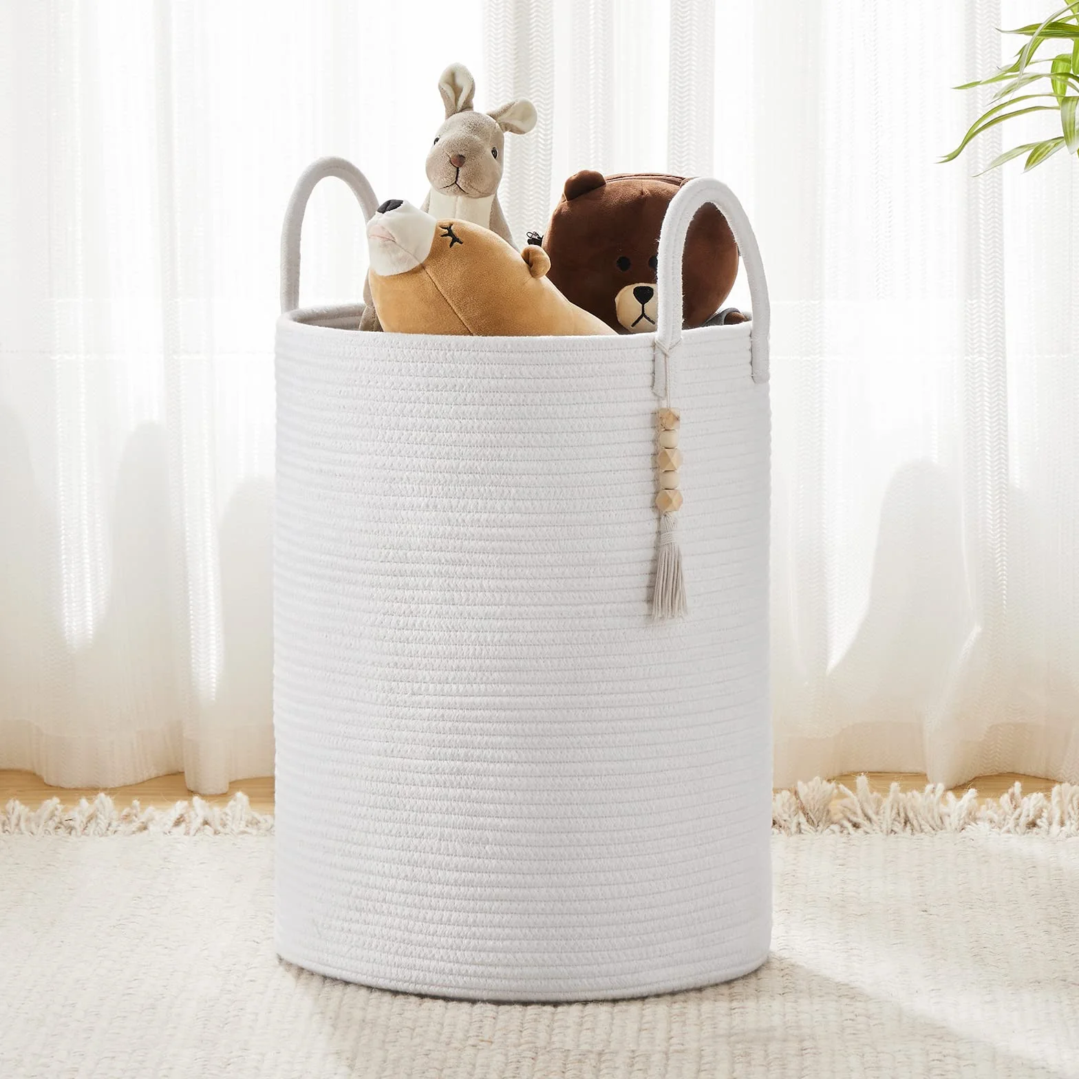 YOUDENOVA Kosz na pranie pleciony, zbieracz bielizny, przechowywanie zabawek, kosz do przechowywania z uchwytem, ręczna robota z bawełny (czysta biel, 38cm(Ś) x 50cm(W))