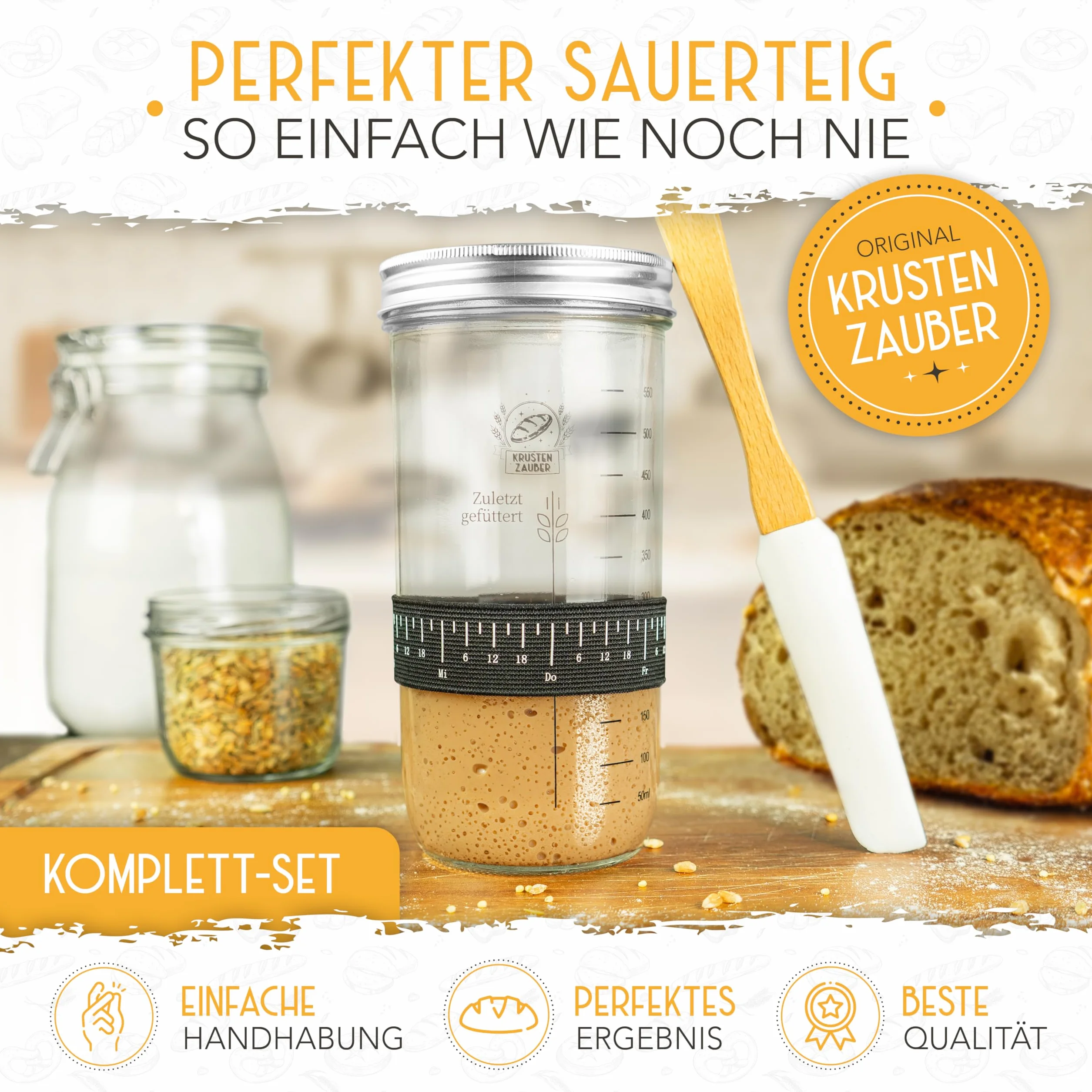 KRUSTENZAUBER Zestaw do zakwasu na chleb 600 ml słoik fermentacji z łopatką i termometrem Akcesoria do pieczenia chleba
