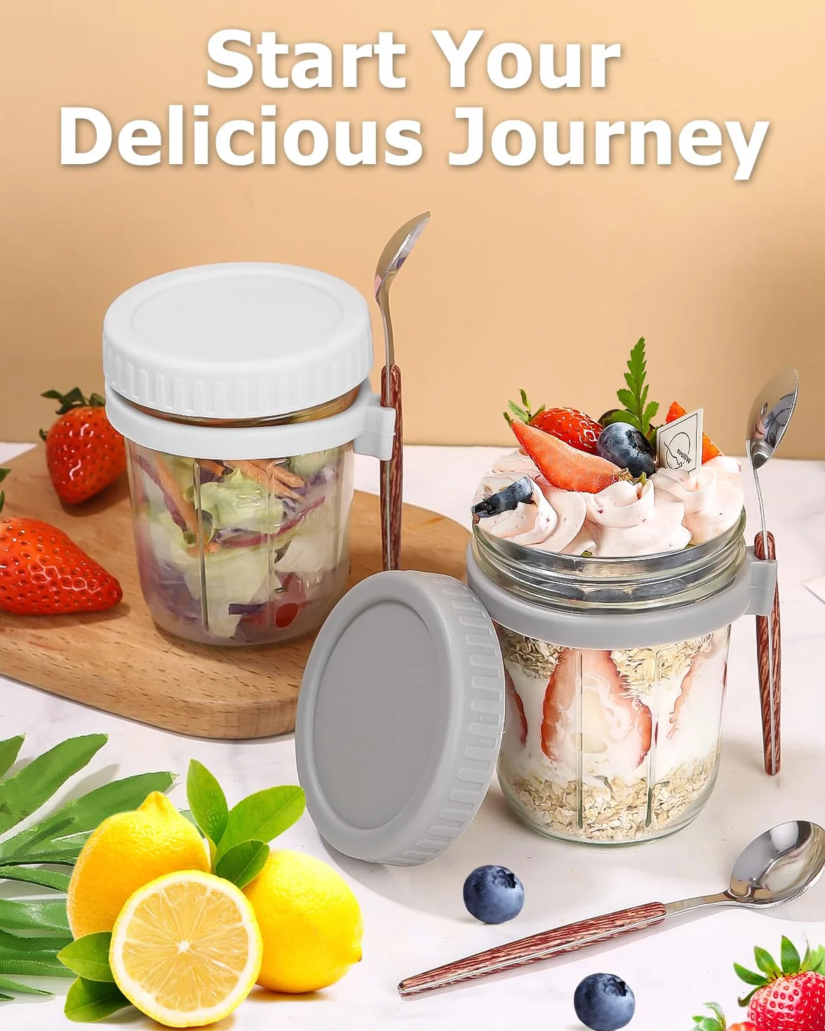 Overnight Oats 2 sztuki pojemników na owsiankę, szklanki do owsa, na nocleg, szklane kubki na musli na wynos dla dzieci z pokrywką i łyżeczką na jogurt, słoiki na przetwory jogurt to go, kubek