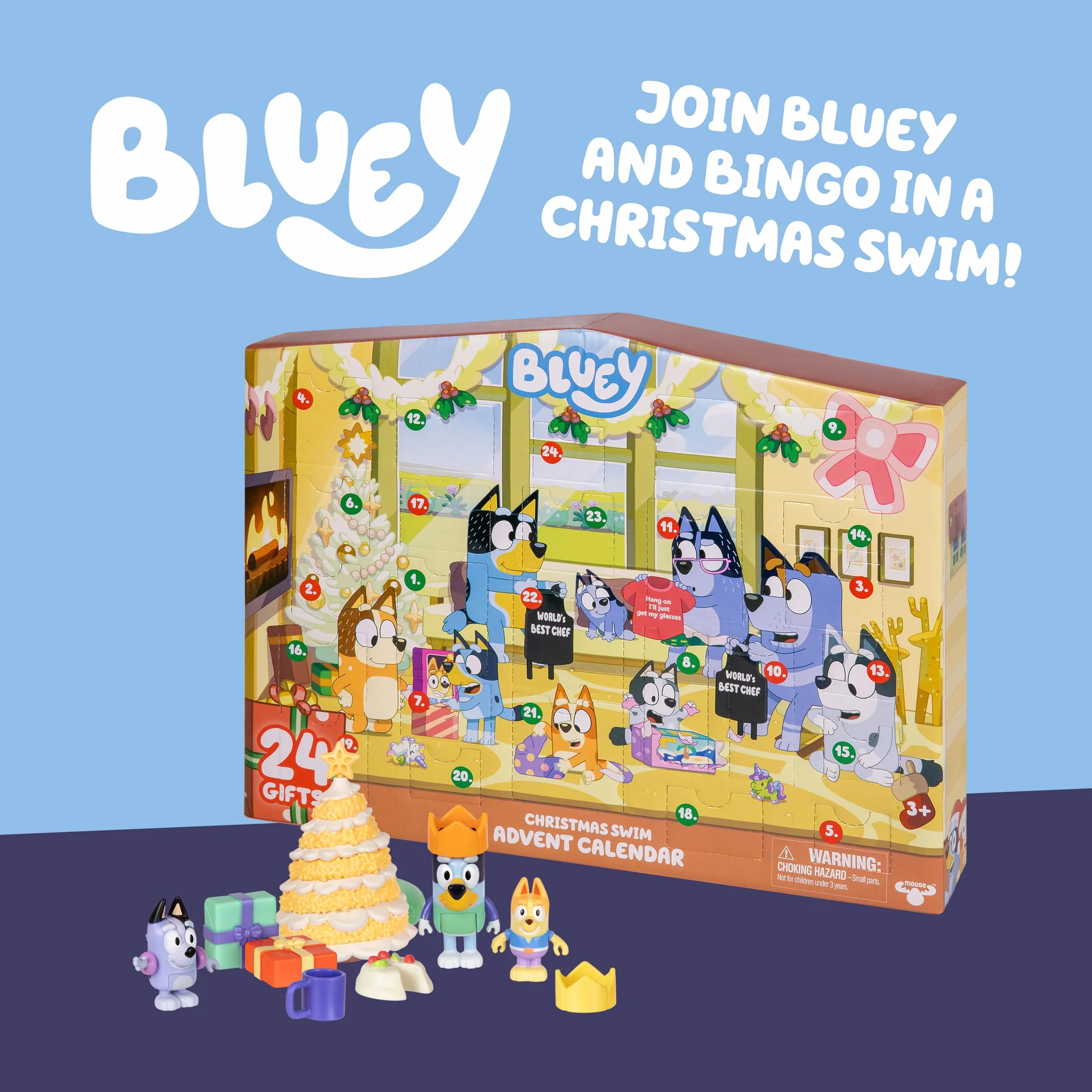 Bluey Świąteczny kalendarz adwentowy do pływania, ten bardzo świąteczny pakiet niespodzianek Bluey zawiera 24 niespodzianki za 24 różnymi oknami, zawiera 3 świąteczne figurki do pływania, 18