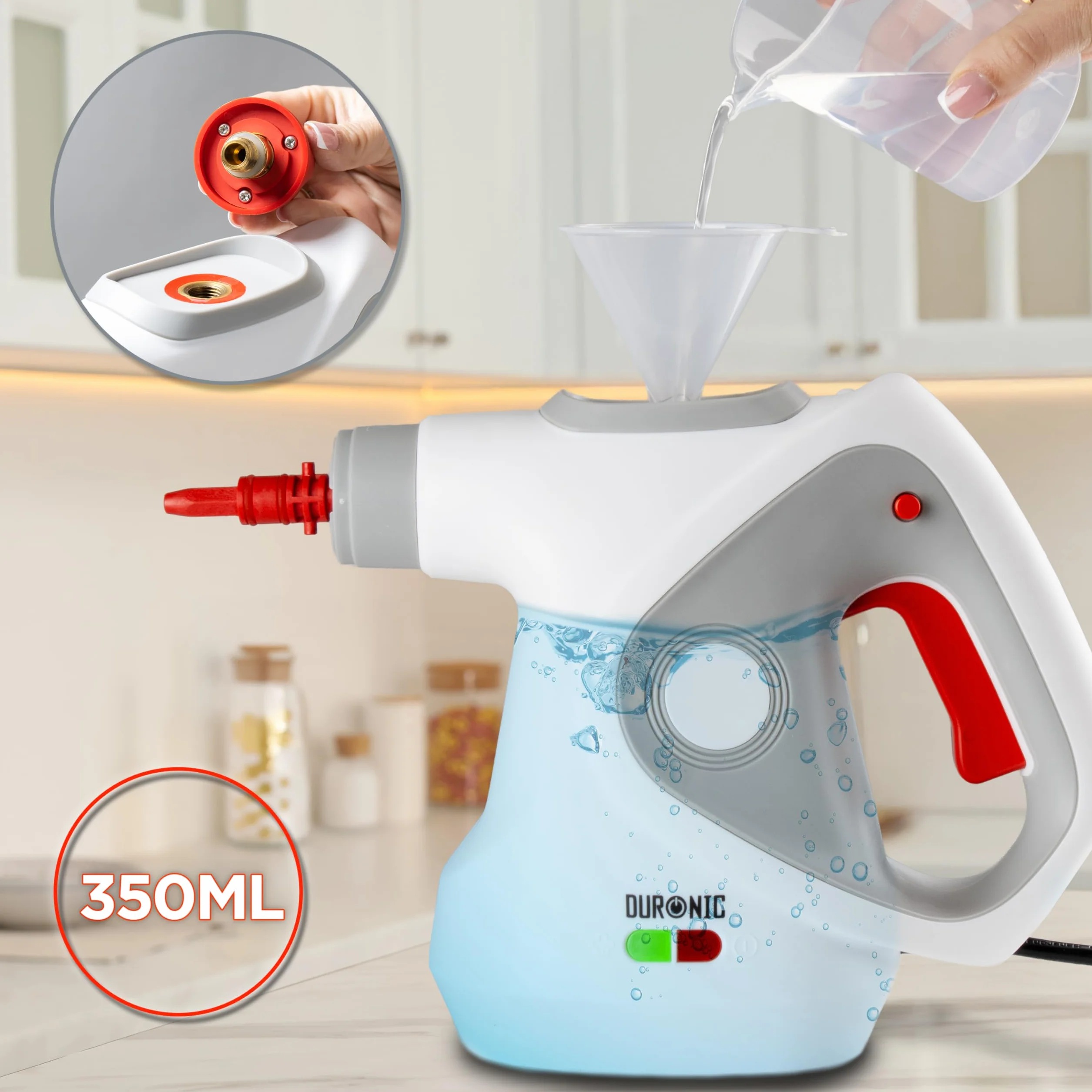 Duronic SC32 WE Myjka parowa ciśnieniowa do sprzątania do 350 ml ręczna wielofunkcyjna parownica do domu, okien, tapicerki, biała, czyścik parowy