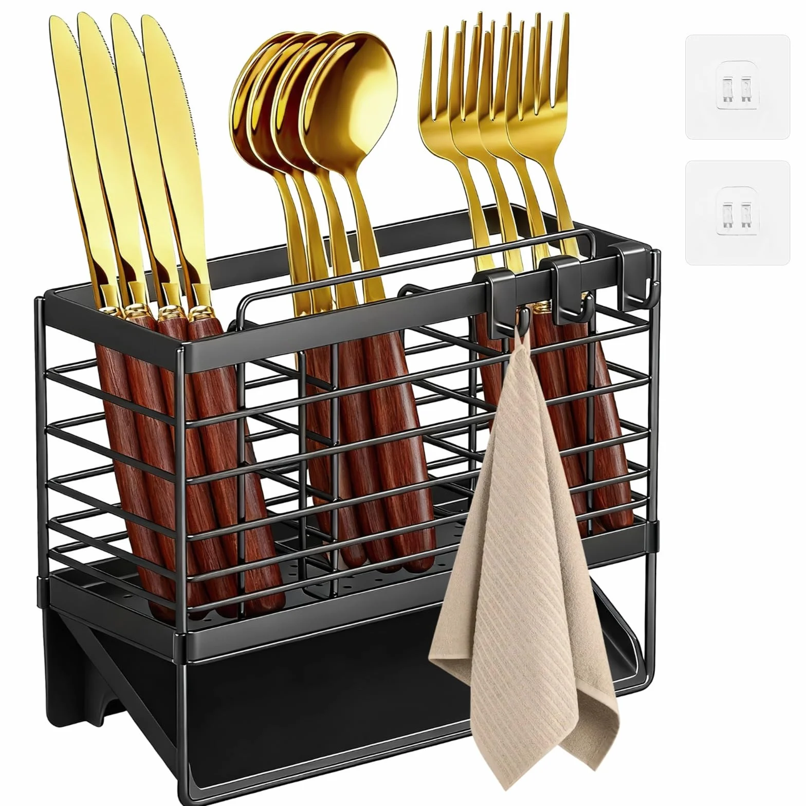 BOSREROY Organizer na sztućce metalowy 3-komorowy czarny 6x20 cm ścienny z haczykami