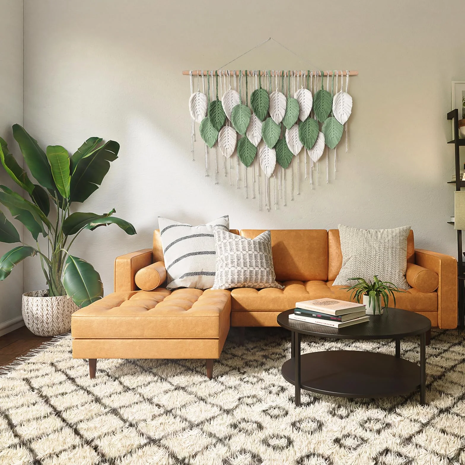 Weldomcor Makrama wisząca na ścianę, duży tkany gobelin, wisząca na ścianie, makrama boho, dekoracja ścienna z liśćmi, ozdoba z piórami, elegancka sztuka tkana, dekoracja do sypialni, salonu (D)