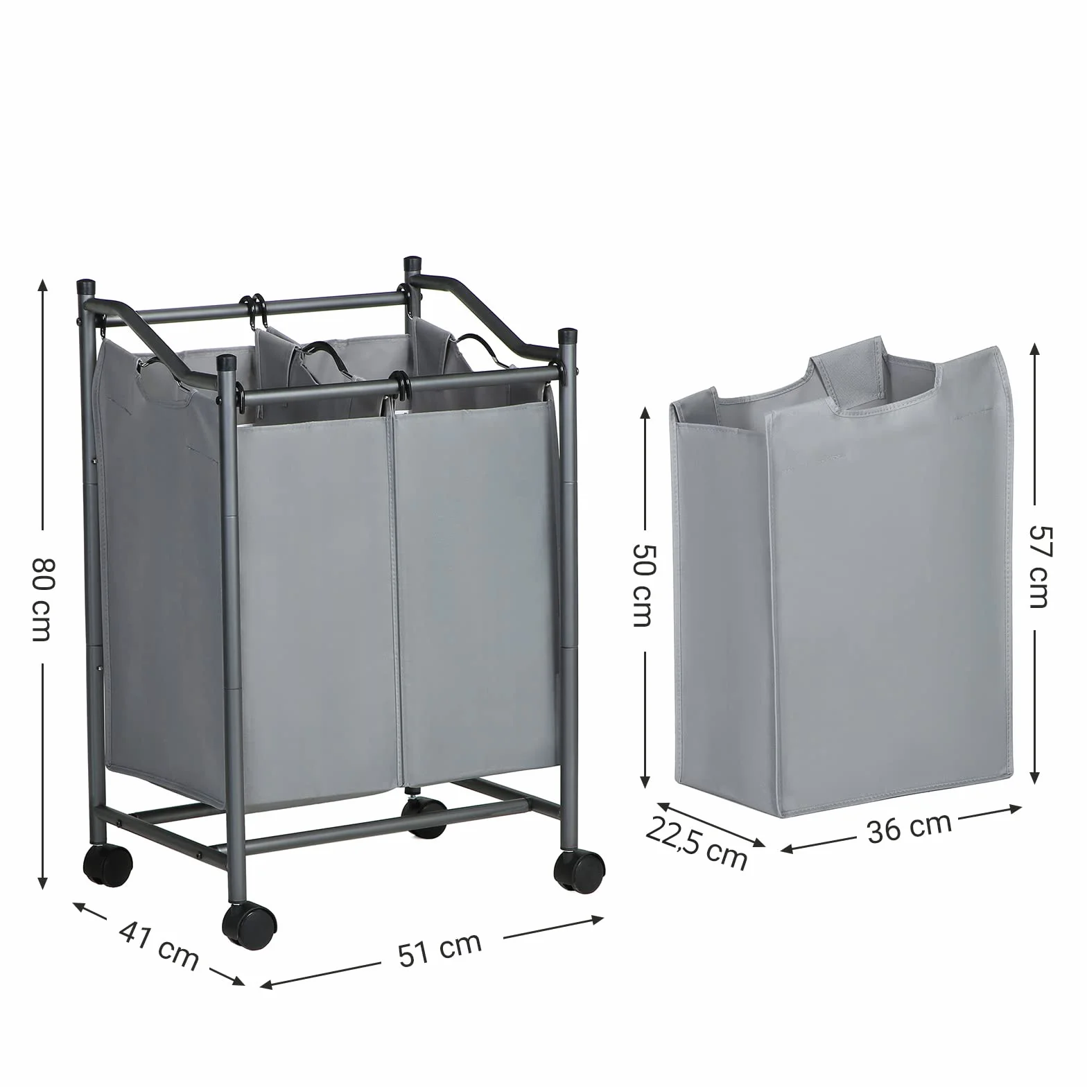 SONGMICS Sortownik prania z rolkami 2 przegródki kosz na pranie wózek 90 l szary LSF002GS
