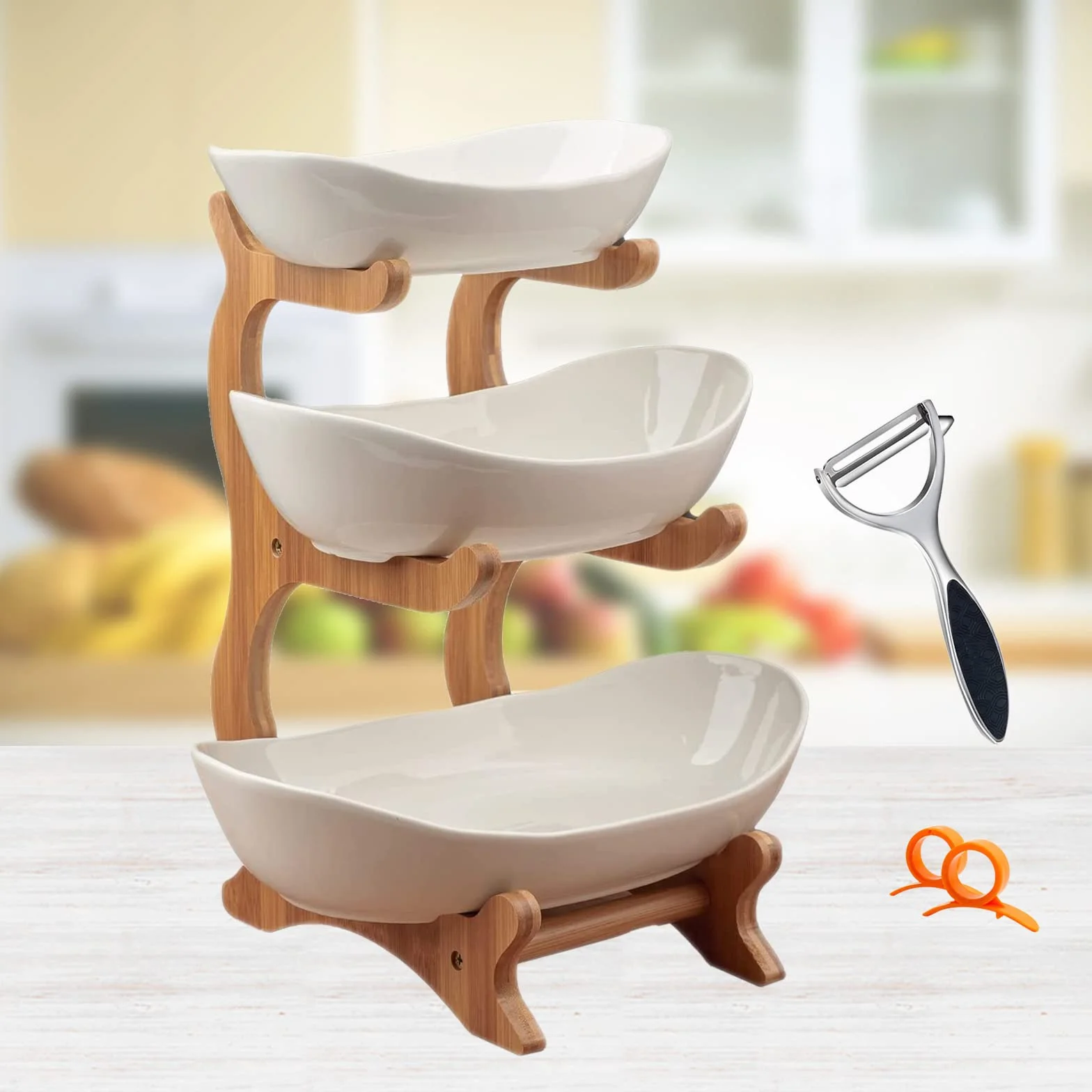 Etażerka na owoce, ceramiczna, 3-poziomowa, porcelanowa, 3 poziomy, z naturalnym stojakiem bambusowym, talerz do serwowania owoców, ciast, słodyczy