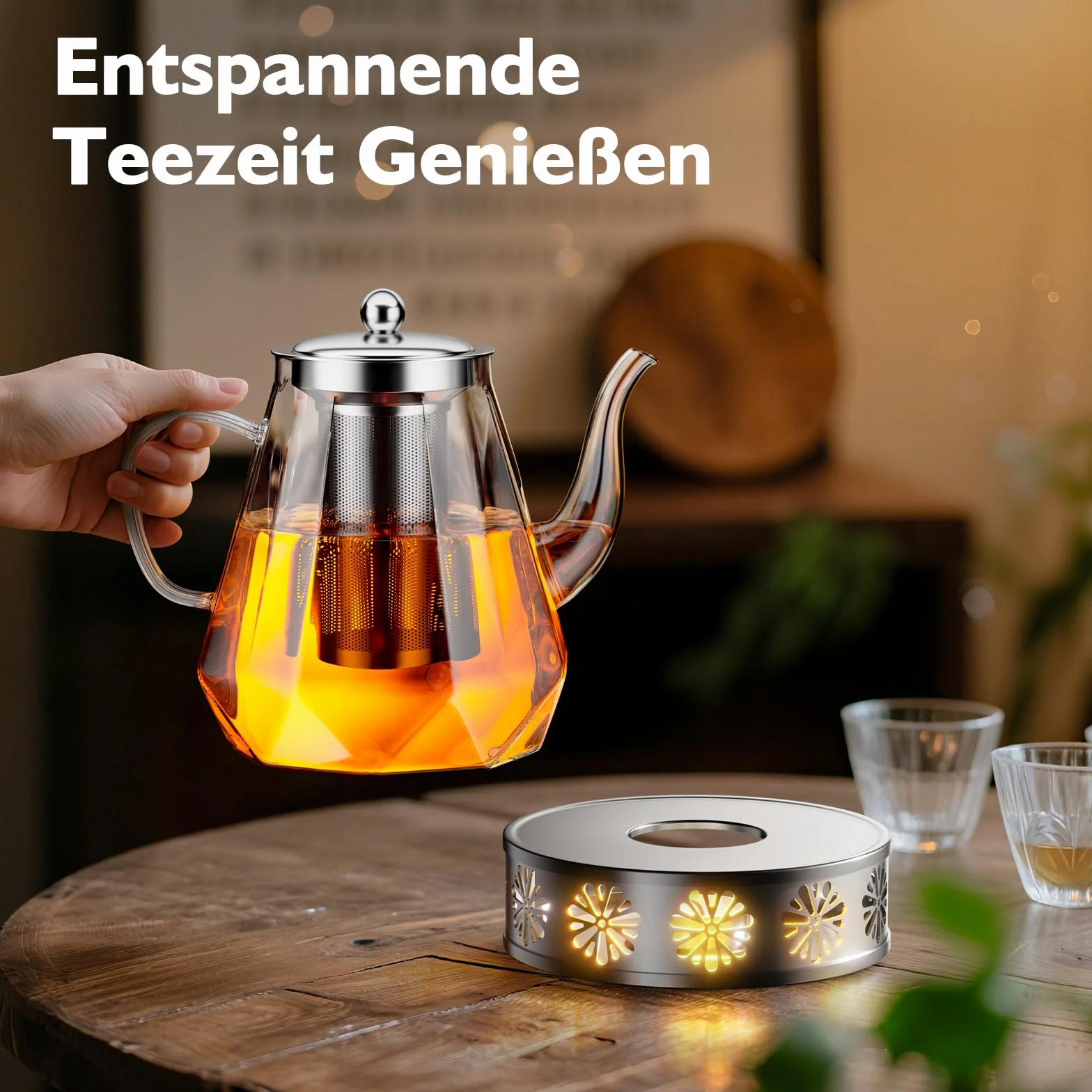 Szklany dzbanek do herbaty 1,2 l z podgrzewaczem i sitkiem ze stali nierdzewnej