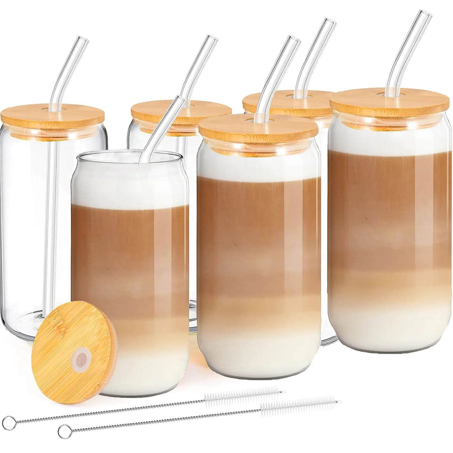 Szklanki do napojów z pokrywką i słomką, szklanki do kawy mrożonej 500 ml, estetyczne szklanki ze słomką, szklane kubki do smoothie, latte, macchiato, whisky (6 szt.)