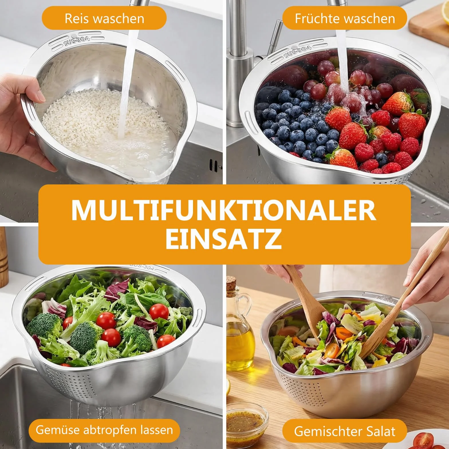 Sitko do ryżu ze stali nierdzewnej, wielofunkcyjne sitko kuchenne z wylewkiem