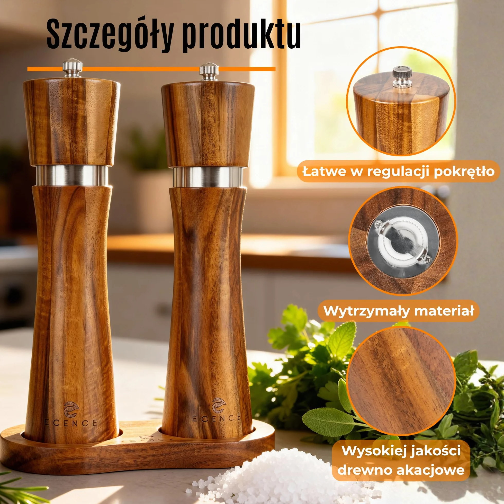 ECENCE Zestaw 2 młynków z drewna akacjowego do soli i pieprzu - z ceramicznym mechanizmem, inkl. pędzelka do czyszczenia i podstawki