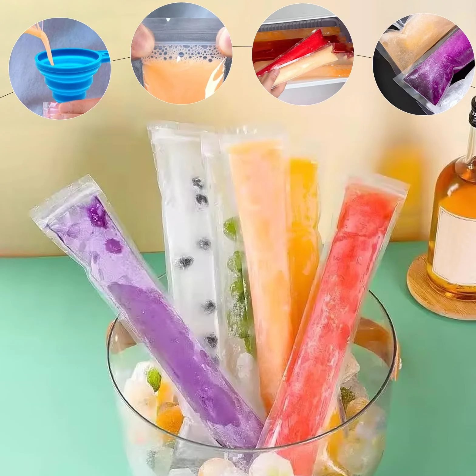 CHENYU 150 sztuk woreczki na lody wodne Woreczki na lody wodne wielokrotnego użytku, bez BPA, 5,5x28 cm z lejkiem, domowe DIY lody na patyku, soki, jogurt, koktajle, formy do lodów na patyku