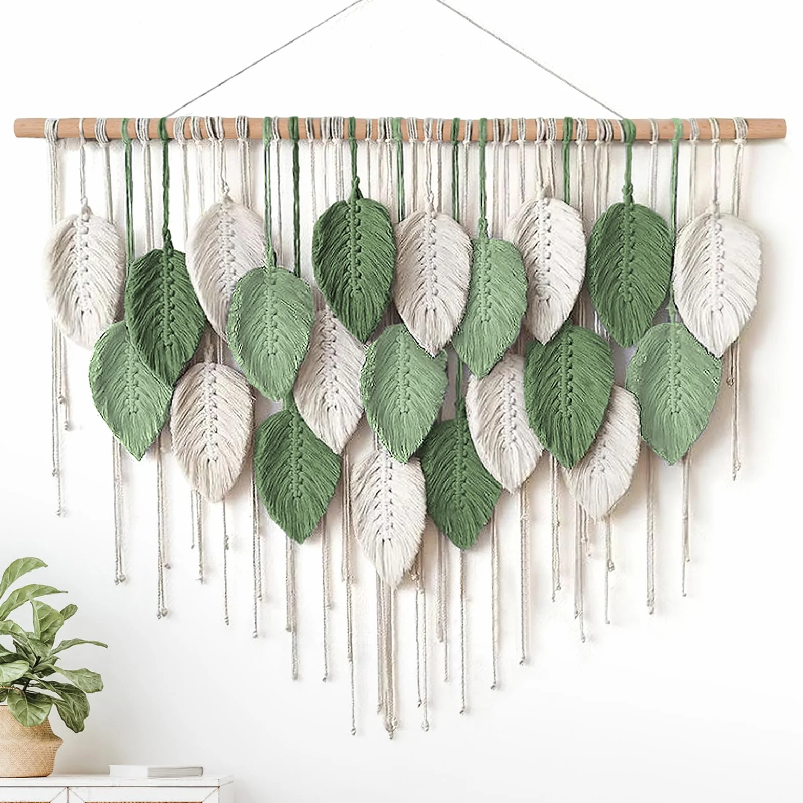 Weldomcor Makrama wisząca na ścianę, duży tkany gobelin, wisząca na ścianie, makrama boho, dekoracja ścienna z liśćmi, ozdoba z piórami, elegancka sztuka tkana, dekoracja do sypialni, salonu (D)