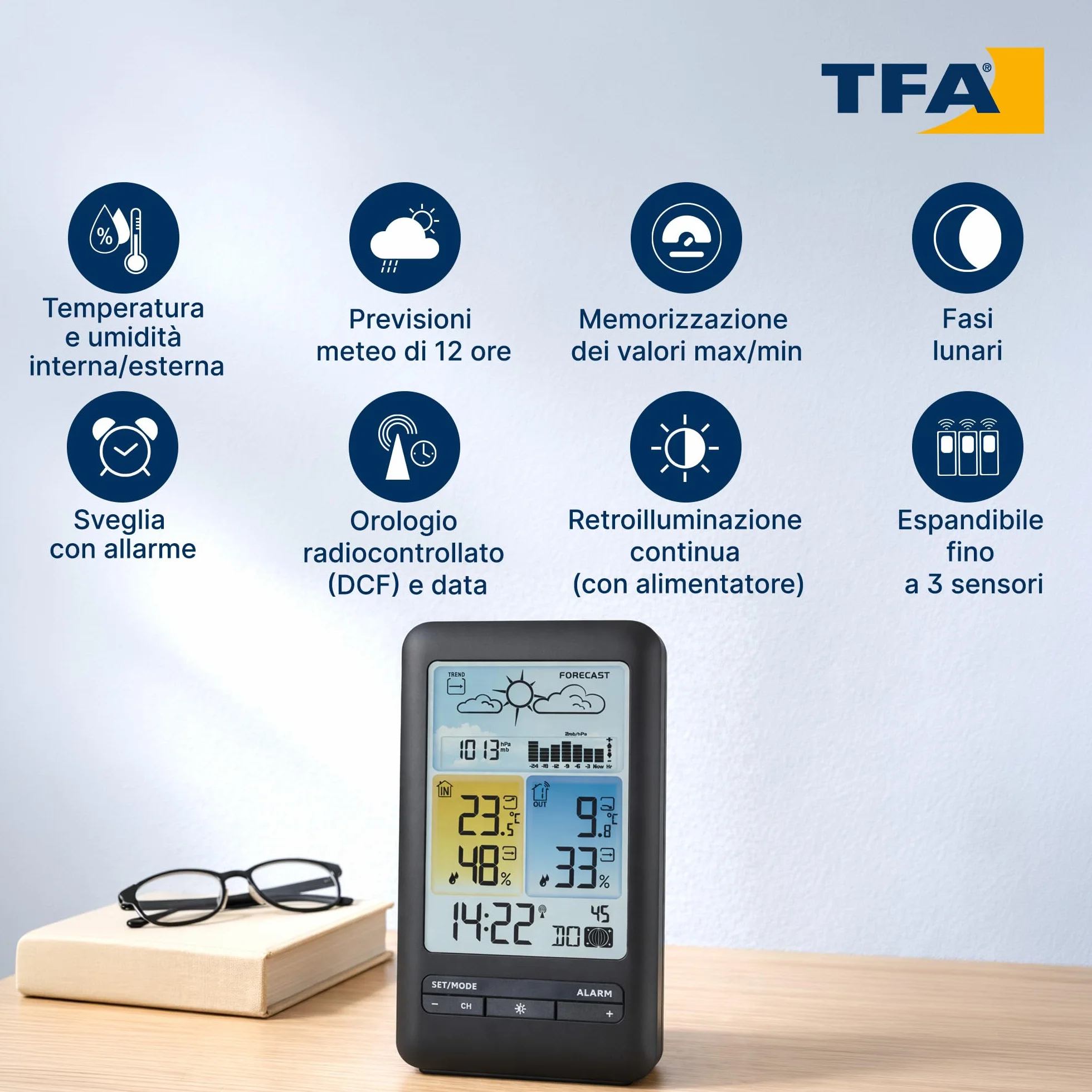 TFA Dostmann stacja pogody radio, LUNA, 35.1165.01, prognoza pogody z symbolami, graficzne ciśnienie powietrza, fazy księżyca, czujnik zewnętrzny, wartości maksymalne i minimalne, czarny
