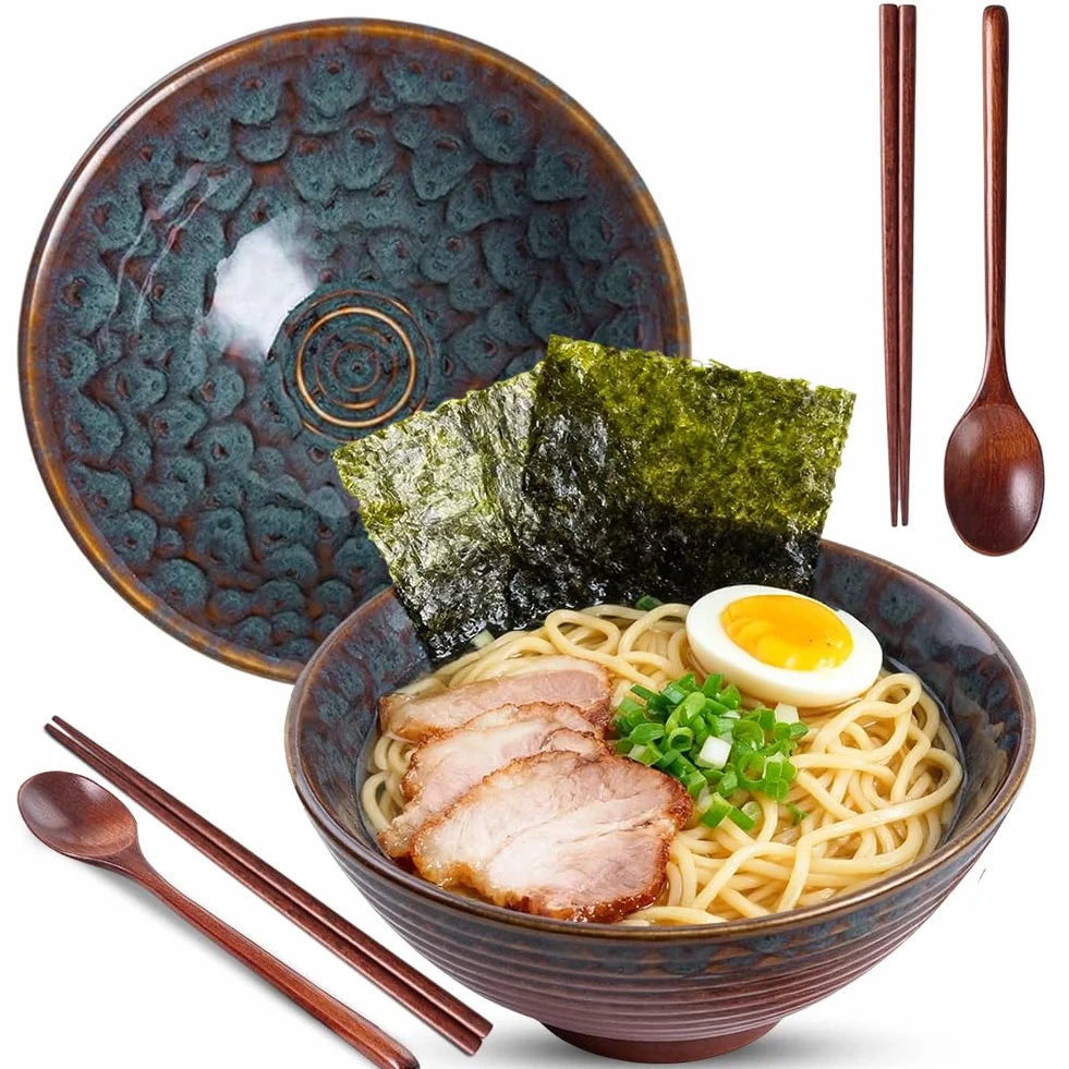 Zestaw 2 misek na ramen z ceramiki 1200ml z pałeczkami i łyżkami