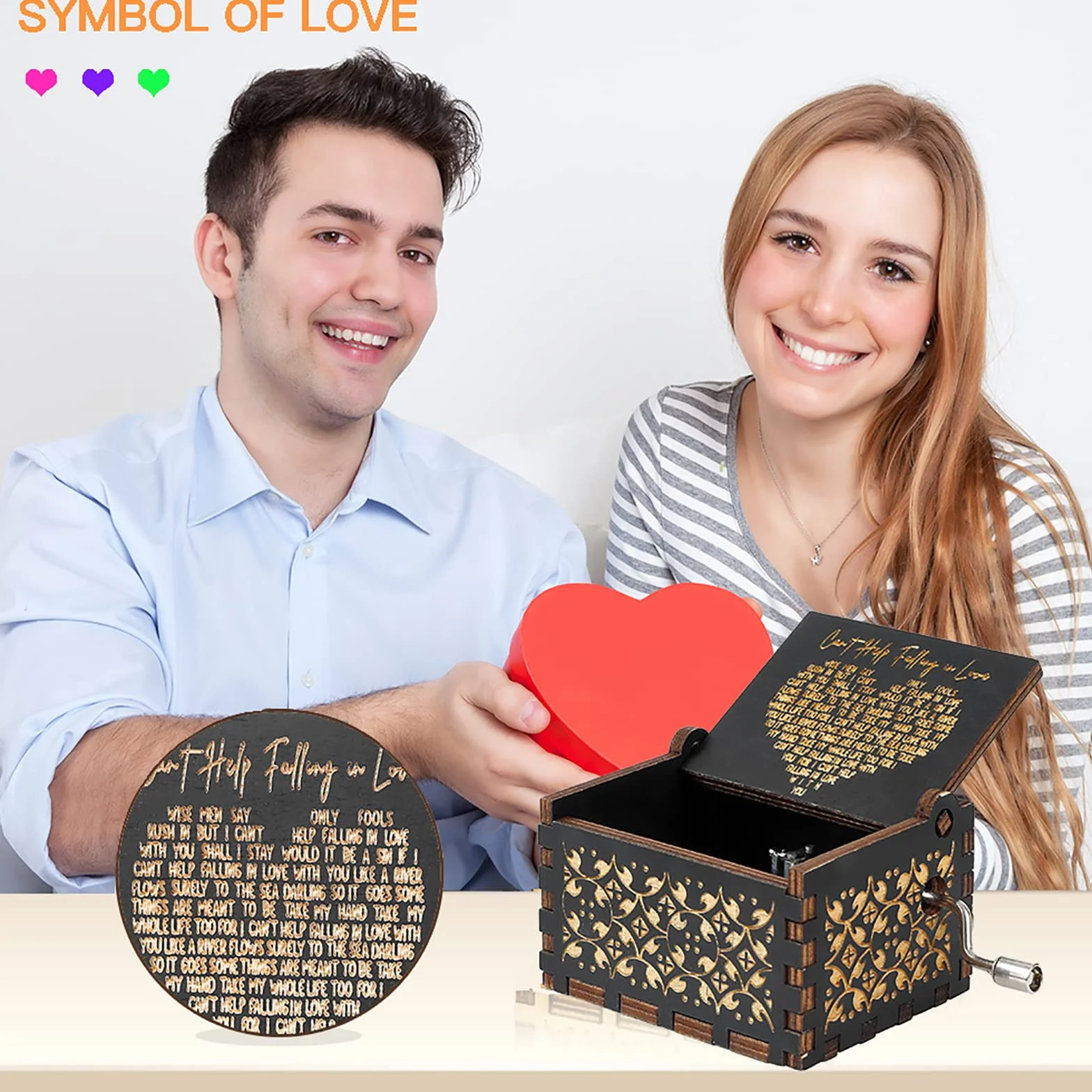 Drewniana Pozytywka z Melodią Can't Help Falling in Love - Antyczna Rzeźbiona, Pomysł na Prezent dla Miłośników Rodziny, Boże Narodzenie, Walentynki