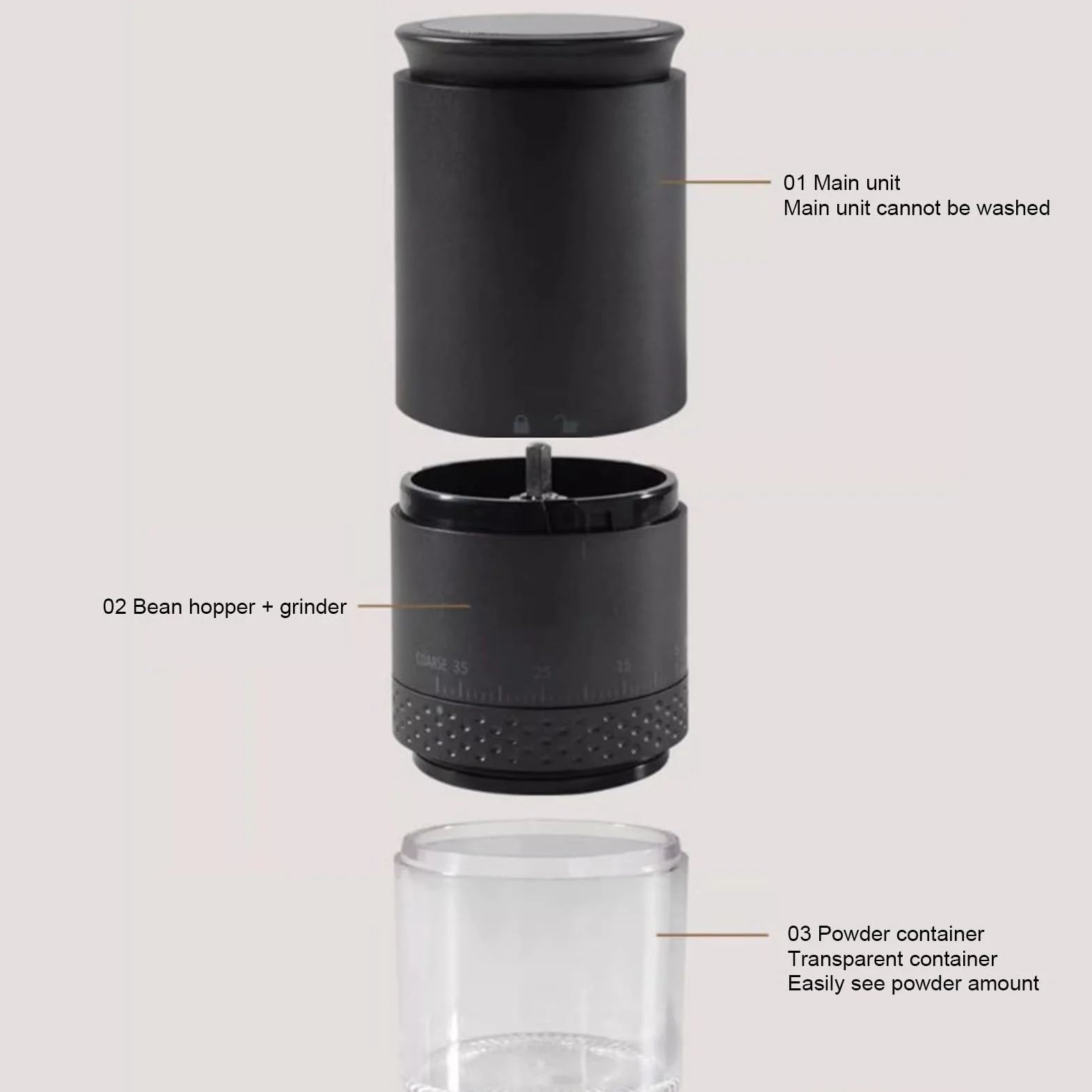 Elektryczny młynek do kawy żarnowy, 110 ml, 38 ustawień, ładowany
