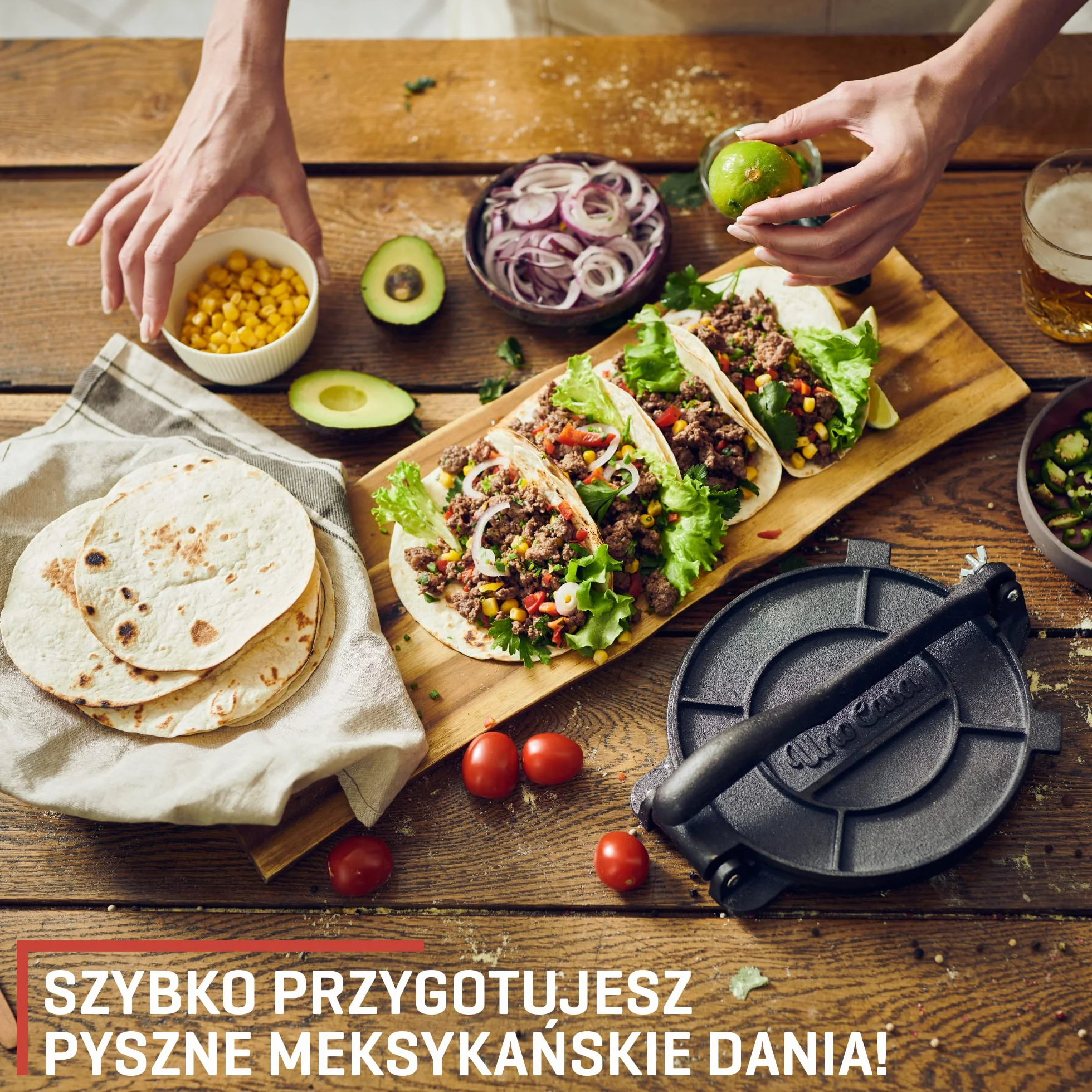 Uno Casa Żeliwna prasa do tortilli 20 cm sezonowana + 100 arkuszy papieru