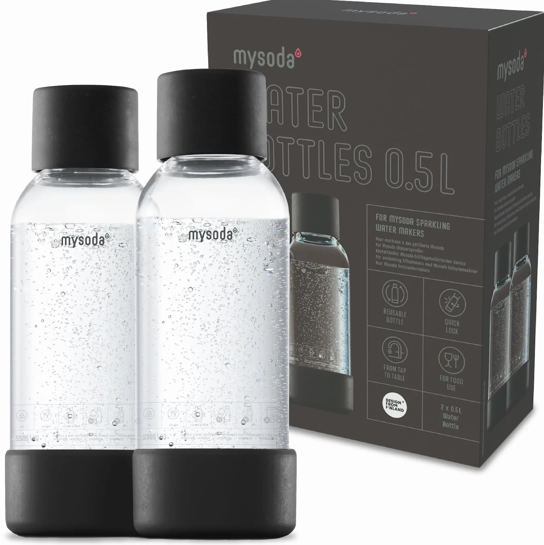 Mysoda: Plastikowa butelka na wodę wielokrotnego użytku, nie zawiera BPA, do saturatora z Quick-Lock, detale kompozytu drewnianego, 2 x 0,5 l – czarna