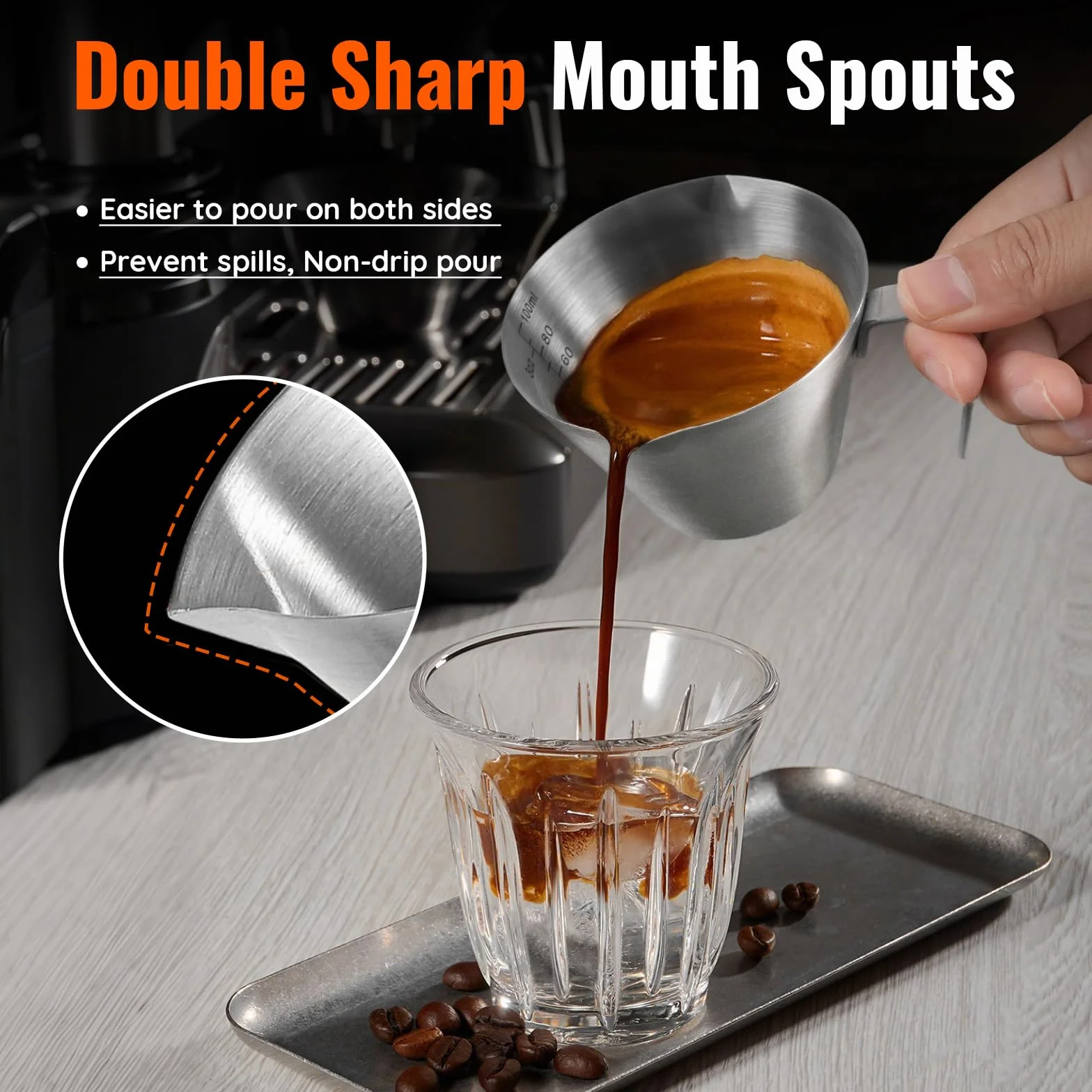 YARRAMATE Kubek do espresso z uchwytem, akcesoria do ze stali nierdzewnej, podwójna wylewka, metalowy kubek pomiarowy z podwójną skalą, kieliszek do z ustnikiem w kształcie litery V,