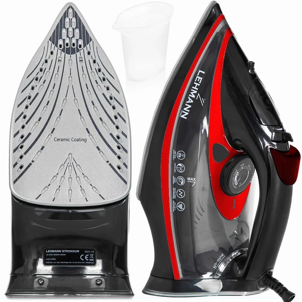 Żelazko parowe, ceramiczna, 3000 W Lehmann, funkcja Calc-Clean, 9 w 1, wysoka wydajność pary, niewielka waga, uderzenia pary, ceramiczne podeszwy do prasowania, samoczyszczenie i rozpylacz