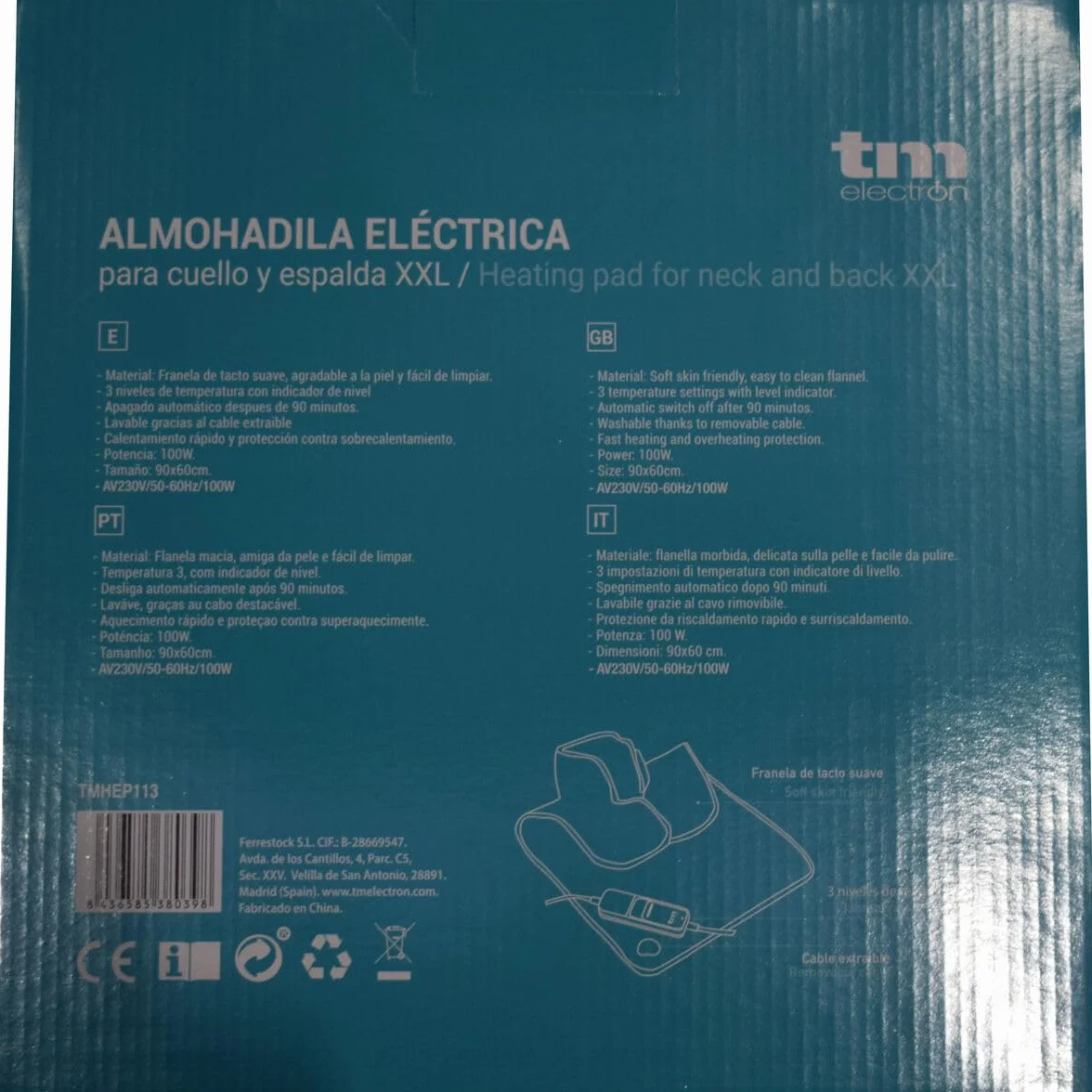 TM Electron TMHEP113 Podkładka elektryczna nadająca się do prania w rozmiarze XXL na szyi i plecach, 100 W z 3 poziomami temperatury i wyłączaniem, 90x60cm