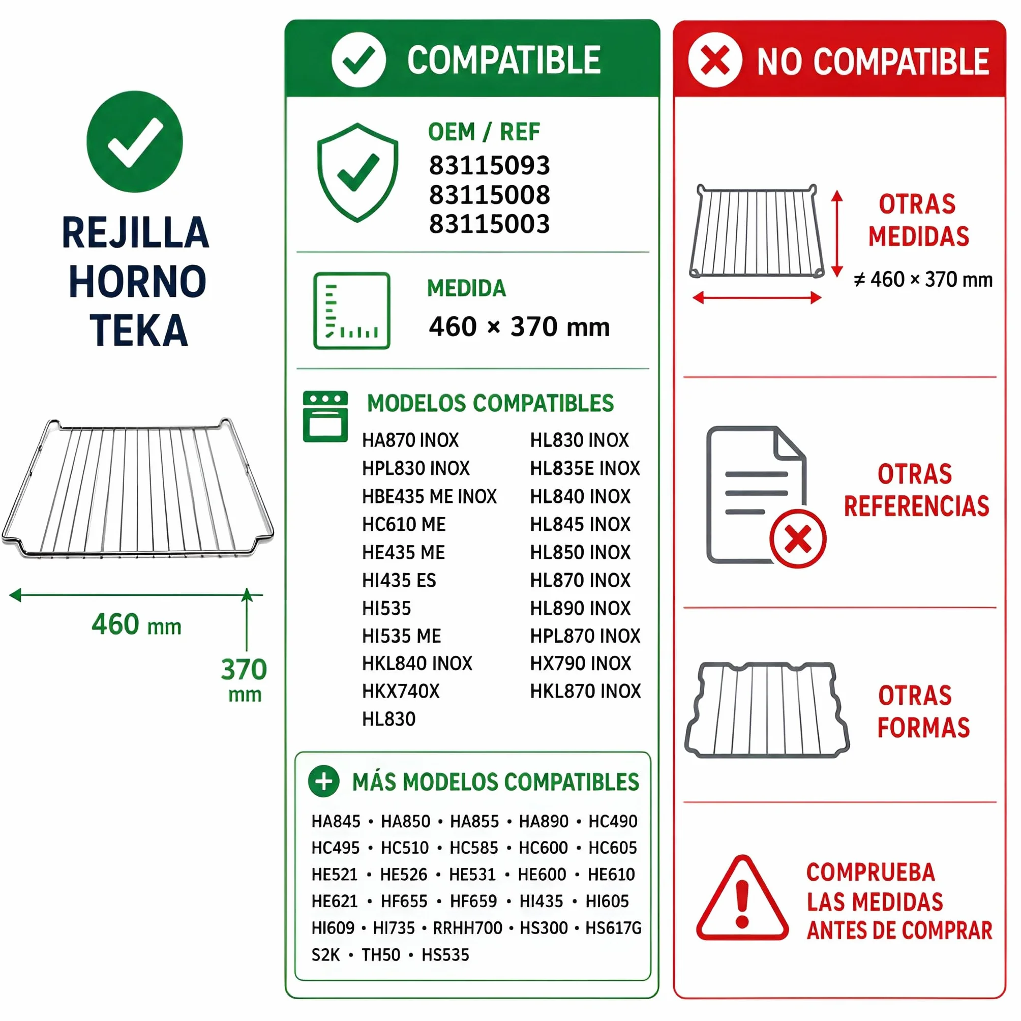 MIRTUX 2 x kratki - Grille kompatybilne z piekarnikiem Teka Wymiary 46 cm (długość) x 37 cm (szerokość x szerokość). Oryginalny model: 83115093-83115008 - 83115003