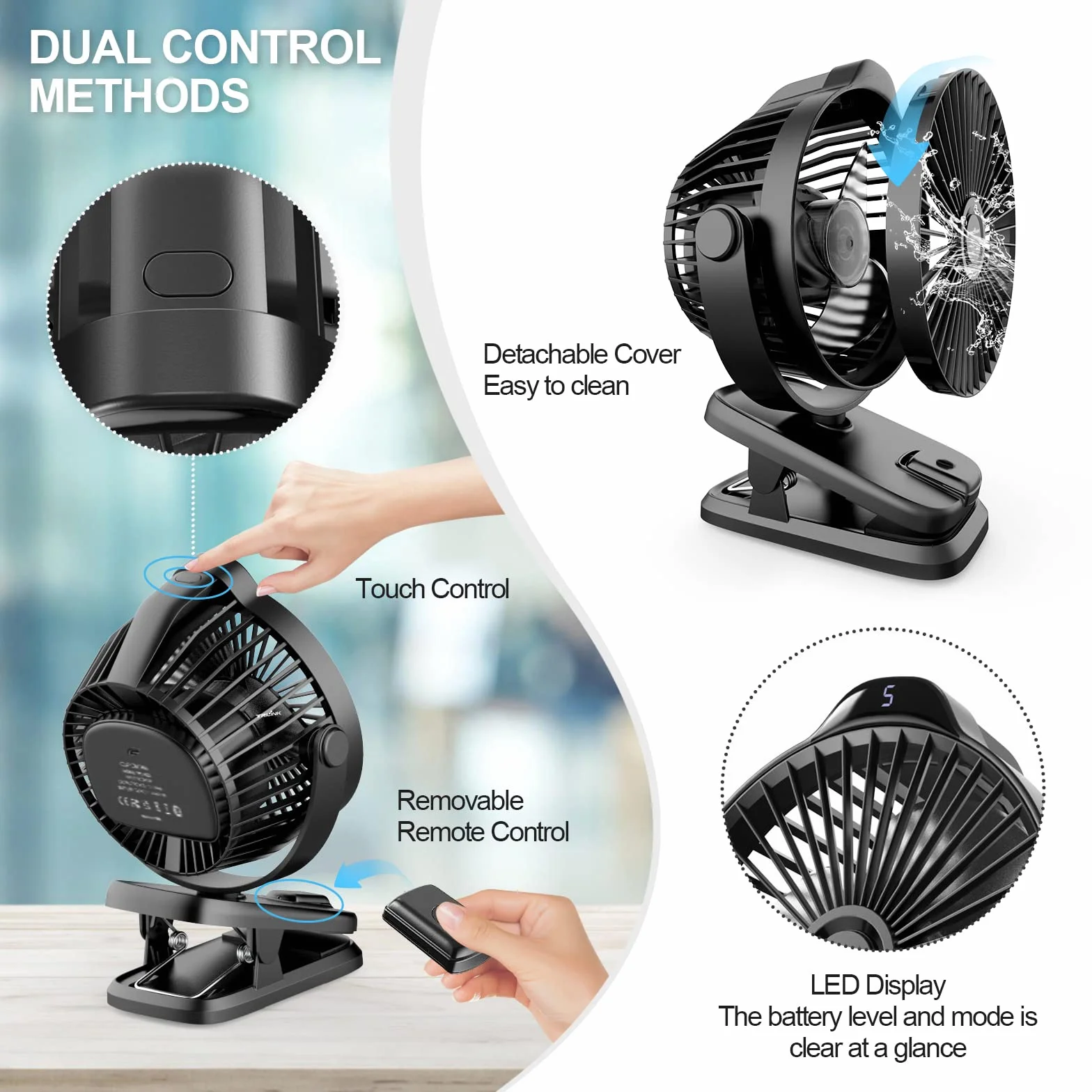 8000mAh Rechargeable USB Desk Fan Clip on Fan z pilotem i wyświetlaczem LED, 5 prędkości 360° Obrót, Mini wentylator biurkowy