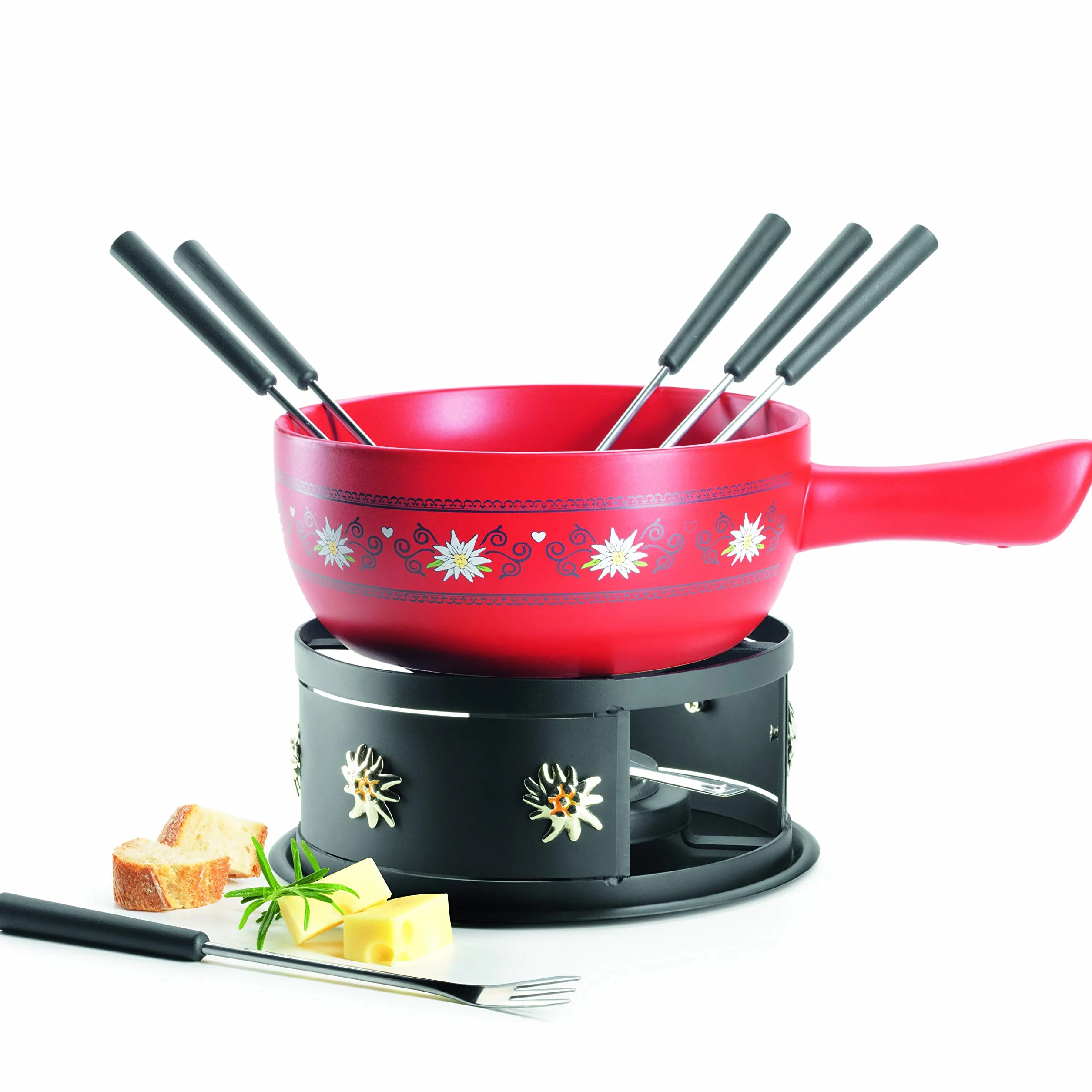 MÄSER 931893 Zestaw do fondue serowego dla 6 osób, 11-częściowy kompletny zestaw do fondue w stylu szwajcarskim z masywną ceramiczną doniczką, kamionka, 2,6 l, czerwony, czarny